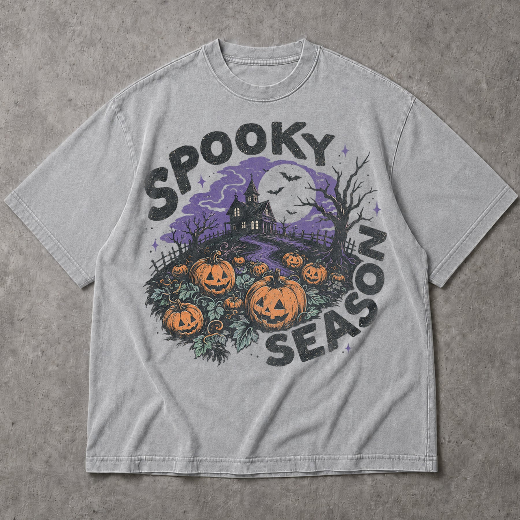 SF_COLOR=sport-grey; SF_ITEM=adult-t-shirt; SF_ROLE=main; Spooky Season Haunted House T-Shirt Pumpkin Patch Bats Halloween Night Tee - Sport Grey Adult T-Shirt product image