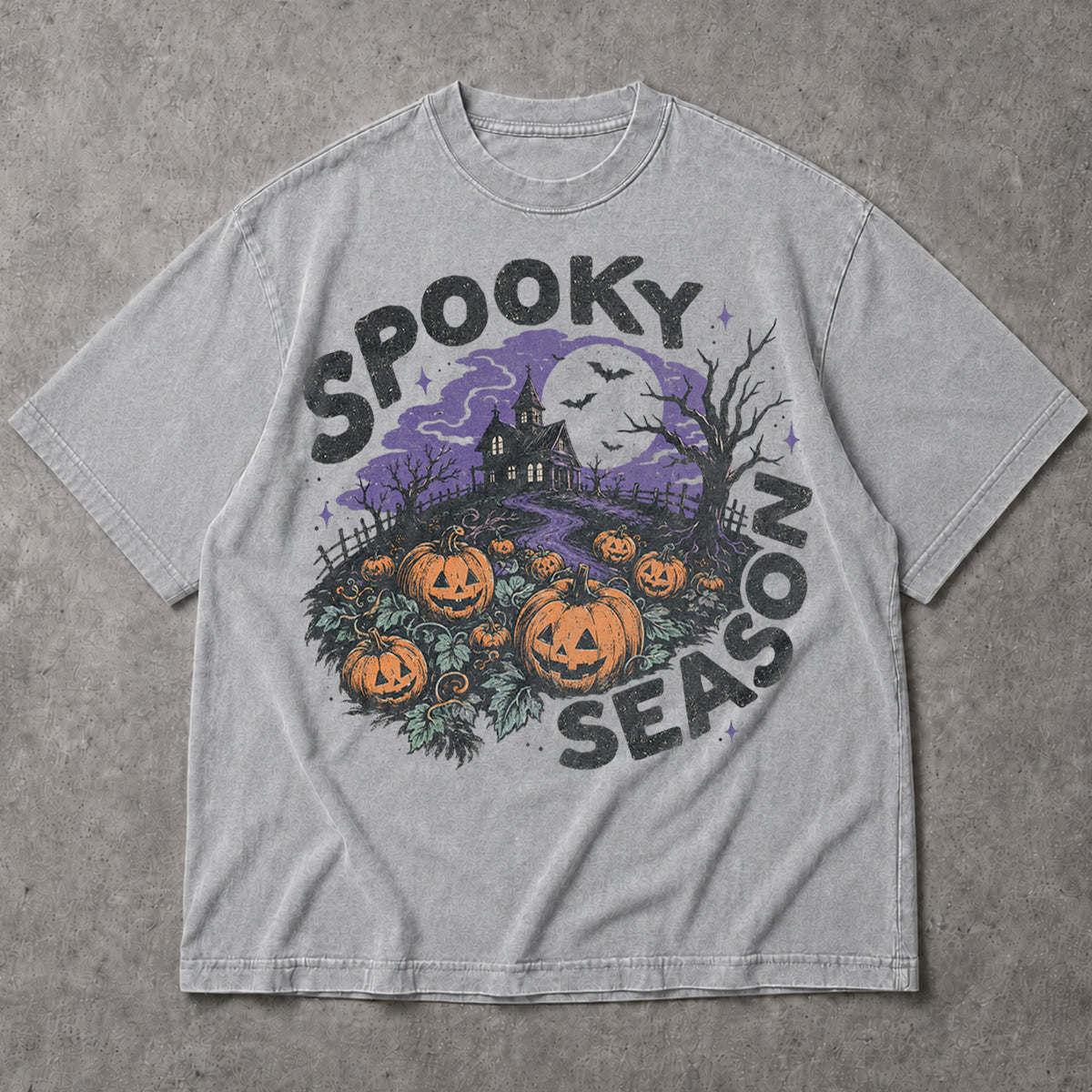 SF_COLOR=sport-grey; SF_ITEM=adult-t-shirt; SF_ROLE=main; Spooky Season Haunted House T-Shirt Pumpkin Patch Bats Halloween Night Tee - Sport Grey Adult T-Shirt product image