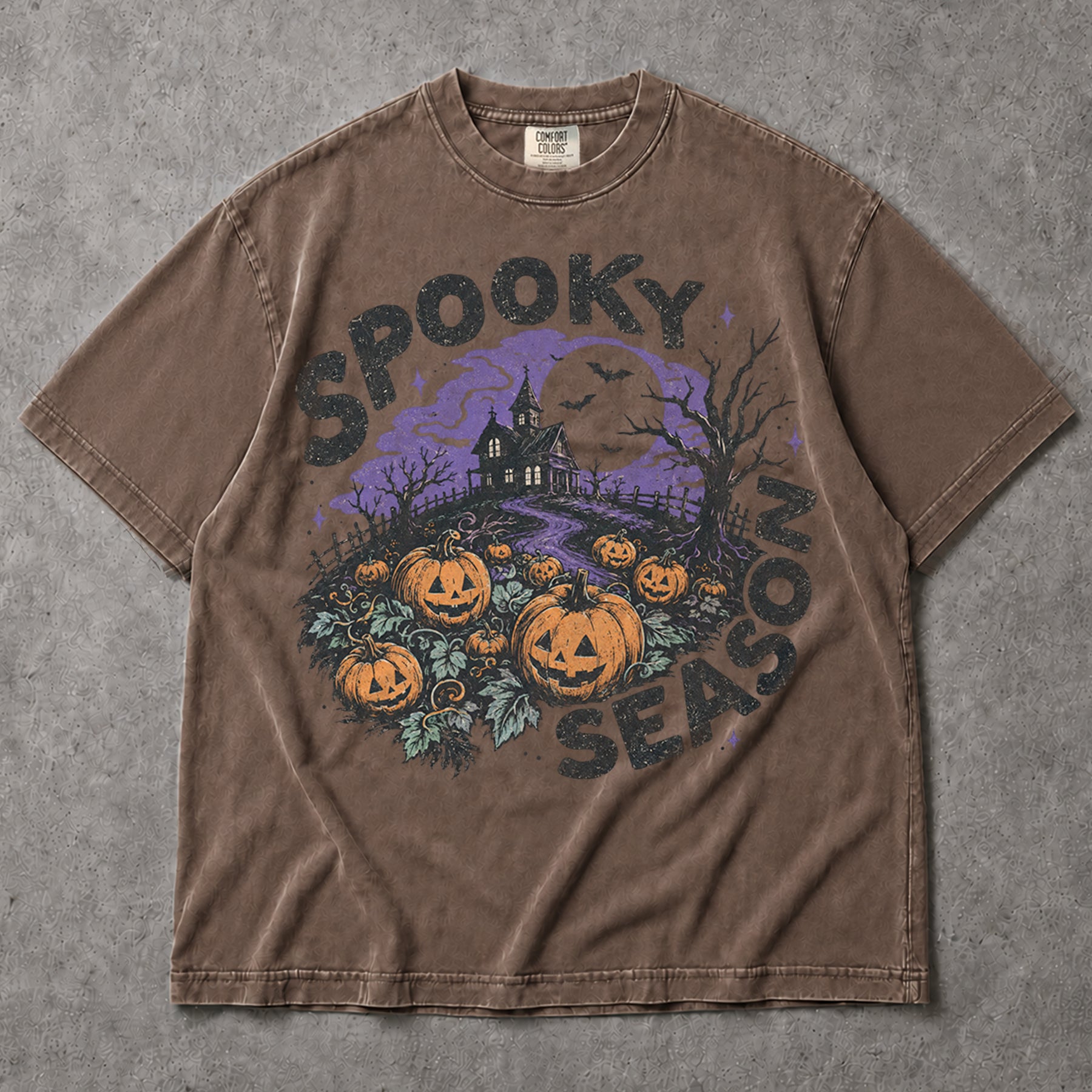 SF_COLOR=sport-grey|espresso; SF_ITEM=adult-t-shirt; SF_ROLE=main; Spooky Season Haunted House T-Shirt Pumpkin Patch Bats Halloween Night Tee - Sport Grey, Espresso Adult T-Shirt product image