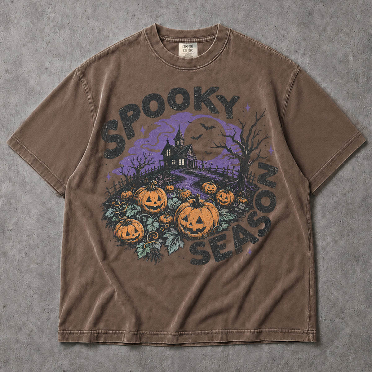 SF_COLOR=sport-grey|espresso; SF_ITEM=adult-t-shirt; SF_ROLE=main; Spooky Season Haunted House T-Shirt Pumpkin Patch Bats Halloween Night Tee - Sport Grey, Espresso Adult T-Shirt product image