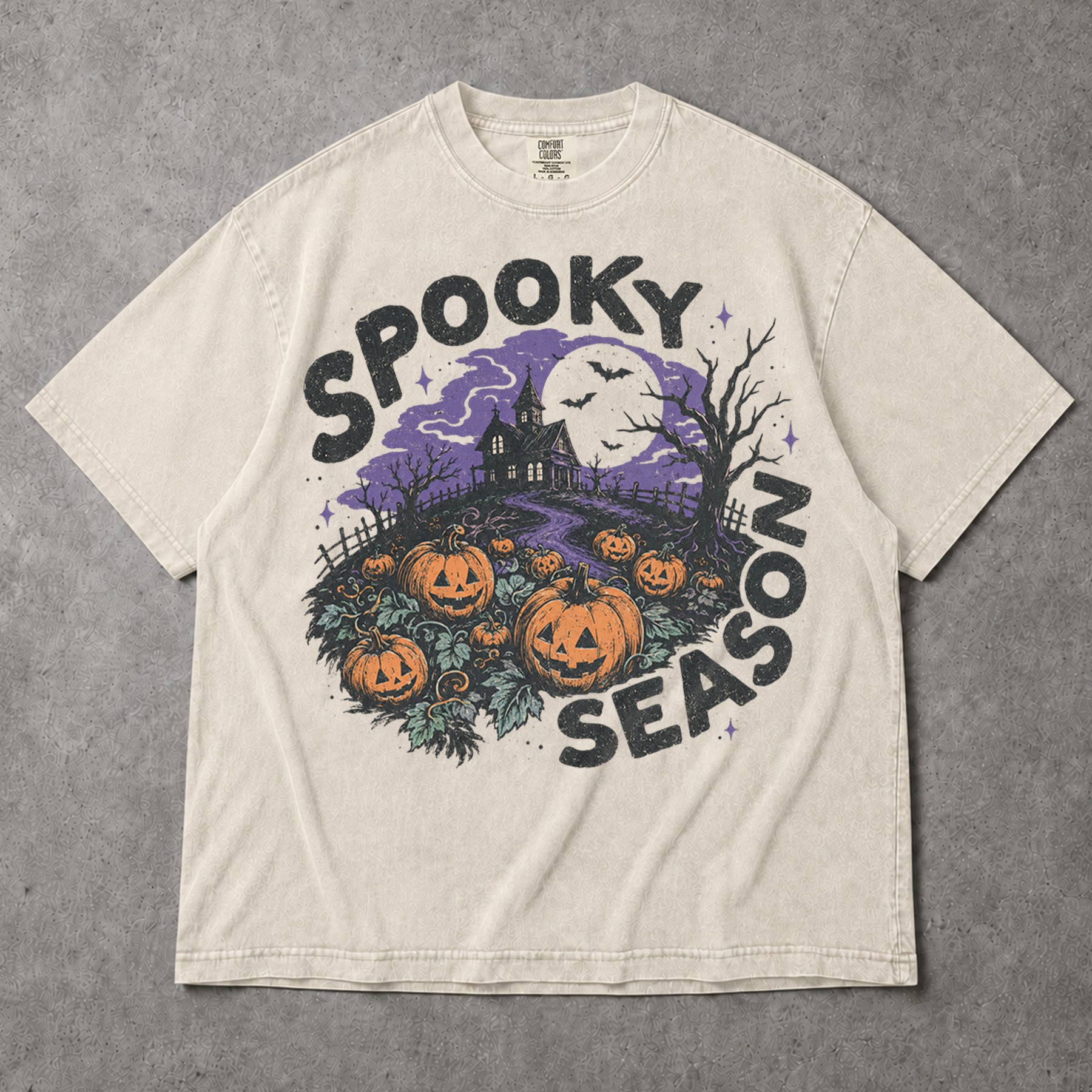 SF_COLOR=ivory; SF_ITEM=adult-t-shirt; SF_ROLE=gallery; Spooky Season Haunted House T-Shirt Pumpkin Patch Bats Halloween Night Tee - Ivory Adult T-Shirt product image