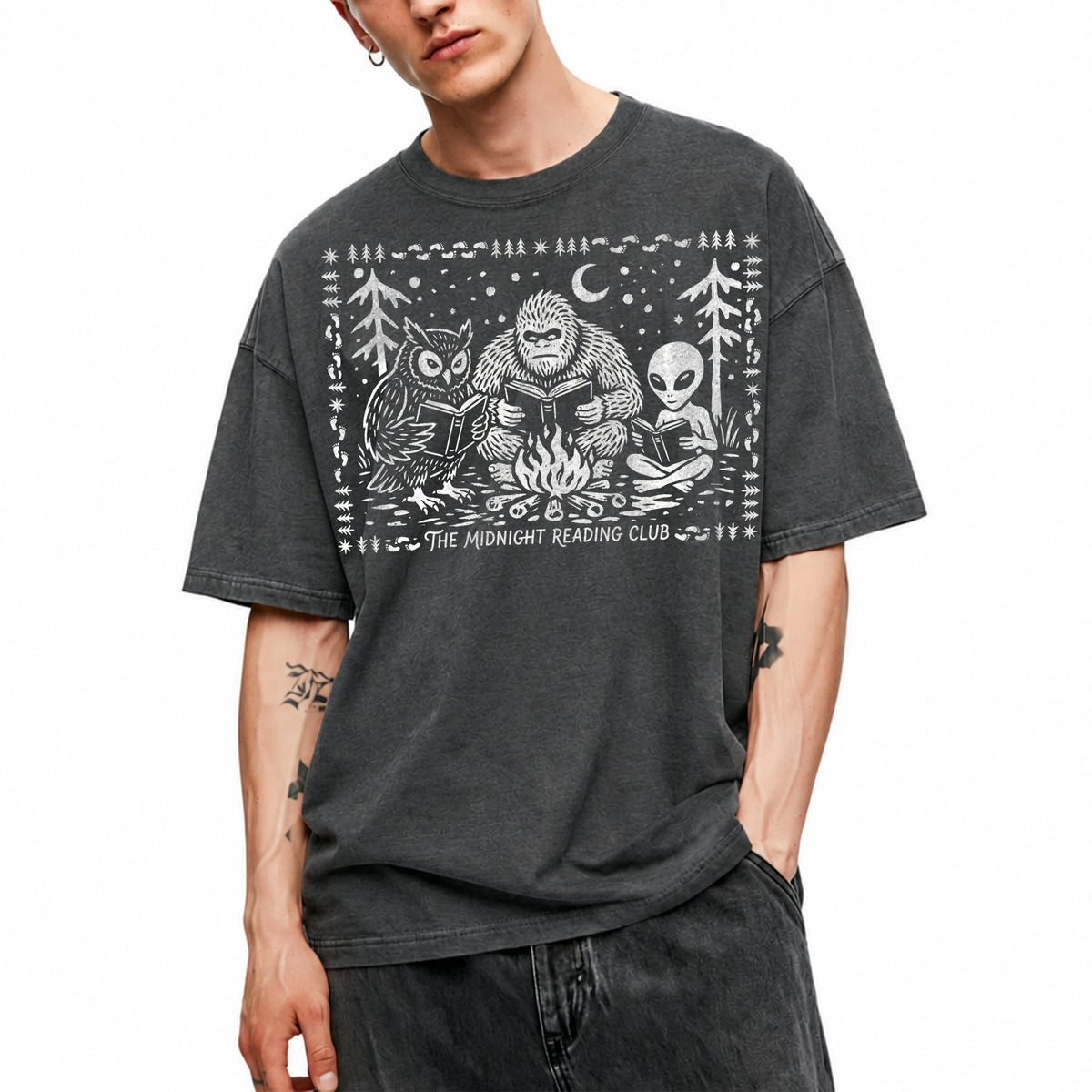 SF_COLOR=dark-heather; SF_ITEM=adult-t-shirt; SF_ROLE=main; Spooky Stories Midnight Reading Club Owl Alien T-Shirt Cryptid Bookworm Tee - Dark Heather Adult T-Shirt product image