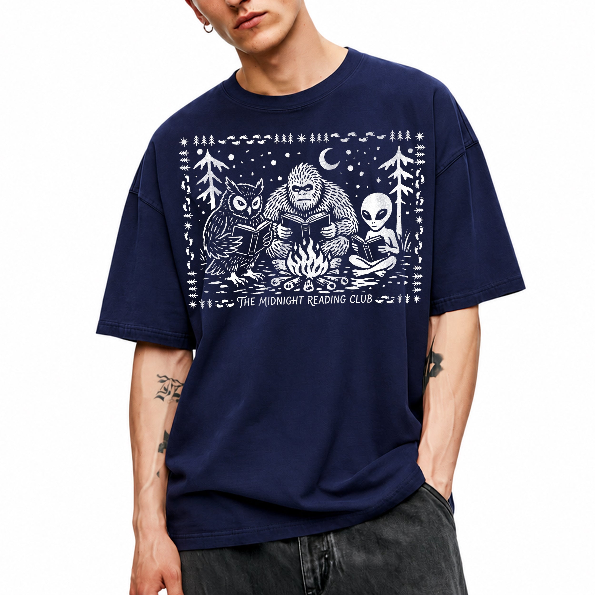 SF_COLOR=navy; SF_ITEM=adult-t-shirt; SF_ROLE=main; Spooky Stories Midnight Reading Club Owl Alien T-Shirt Cryptid Bookworm Tee - Navy Adult T-Shirt product image