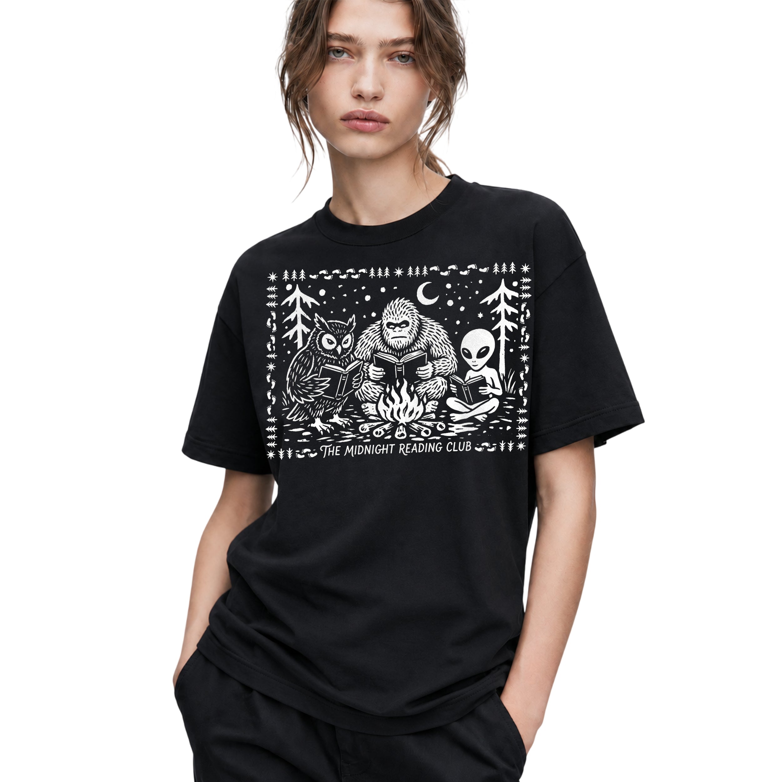 SF_COLOR=black; SF_ITEM=adult-t-shirt; SF_ROLE=gallery; Spooky Stories Midnight Reading Club Owl Alien T-Shirt Cryptid Bookworm Tee - Black Adult T-Shirt product image