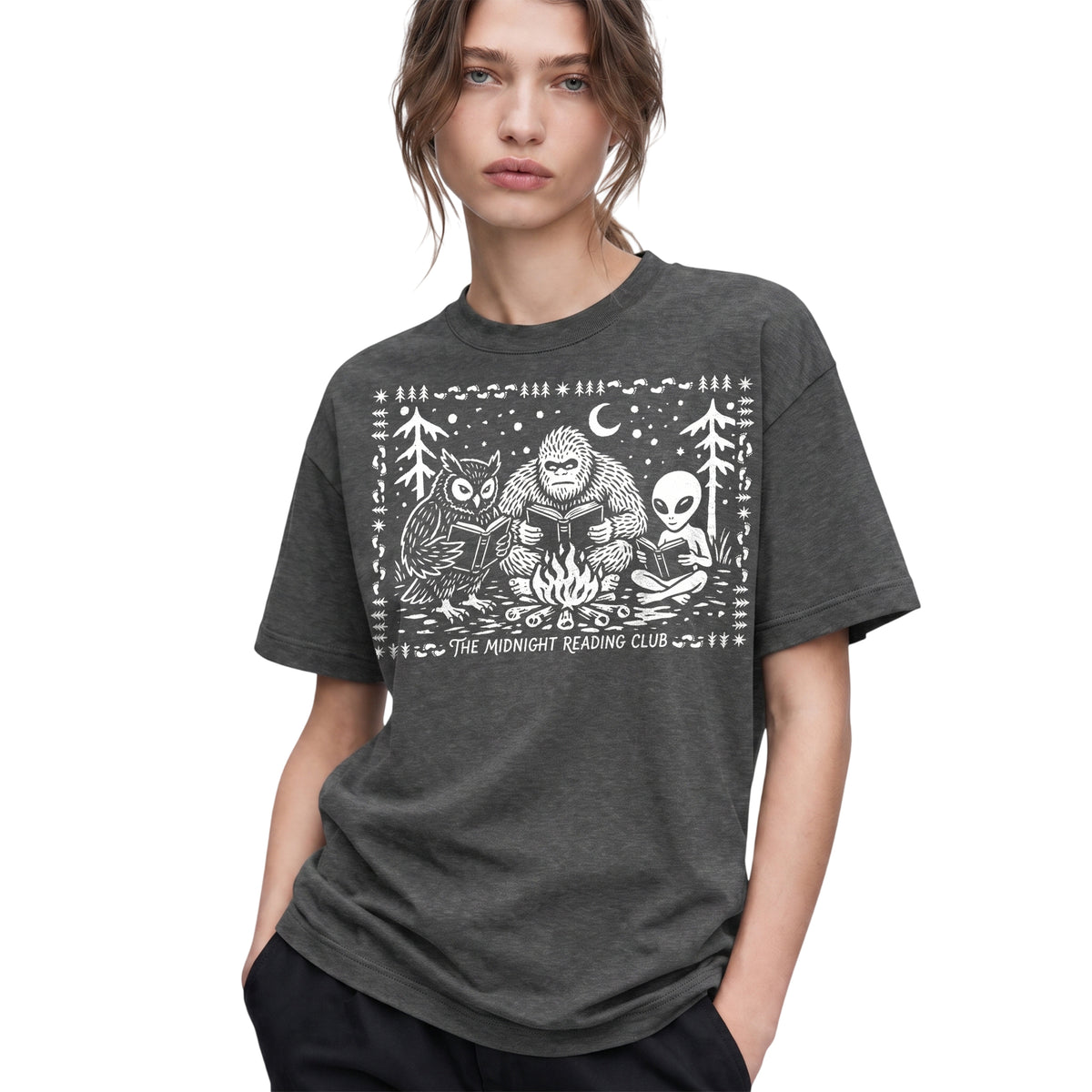 SF_COLOR=dark-heather; SF_ITEM=adult-t-shirt; SF_ROLE=gallery; Spooky Stories Midnight Reading Club Owl Alien T-Shirt Cryptid Bookworm Tee - Dark Heather Adult T-Shirt product image