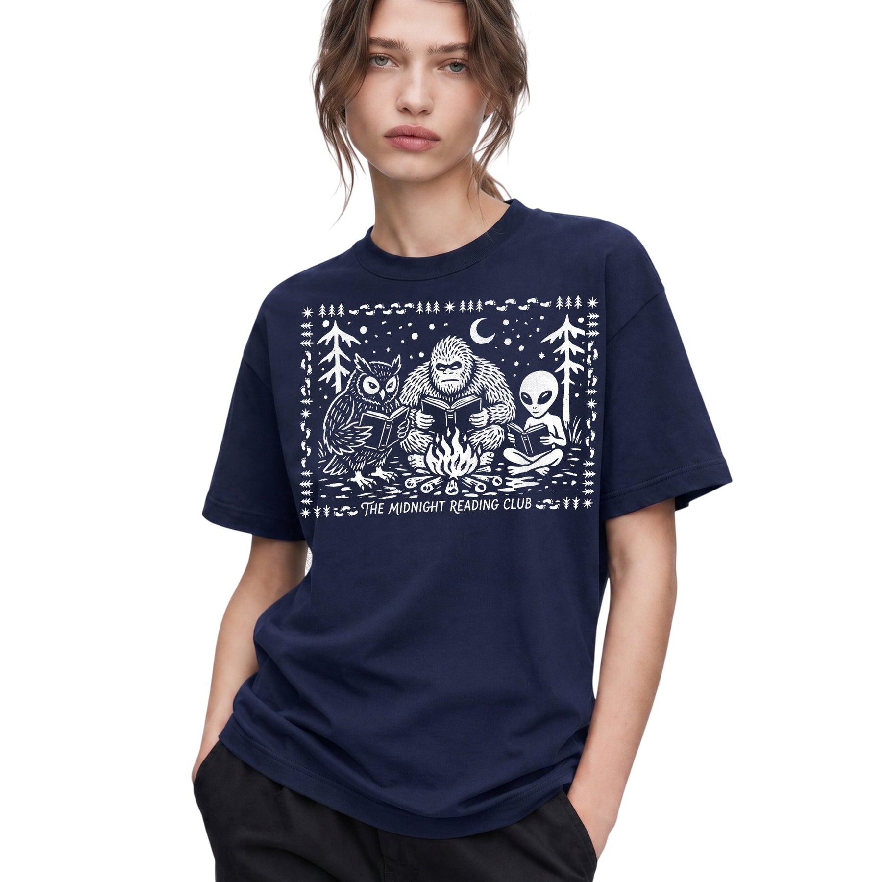 SF_COLOR=navy; SF_ITEM=adult-t-shirt; SF_ROLE=gallery; Spooky Stories Midnight Reading Club Owl Alien T-Shirt Cryptid Bookworm Tee - Navy Adult T-Shirt product image