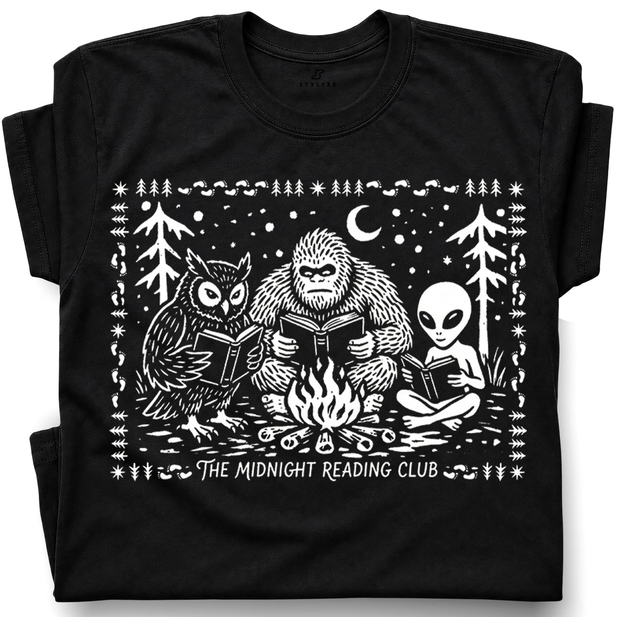 SF_COLOR=black; SF_ITEM=adult-t-shirt; SF_ROLE=gallery; Spooky Stories Midnight Reading Club Owl Alien T-Shirt Cryptid Bookworm Tee - Black Adult T-Shirt product image