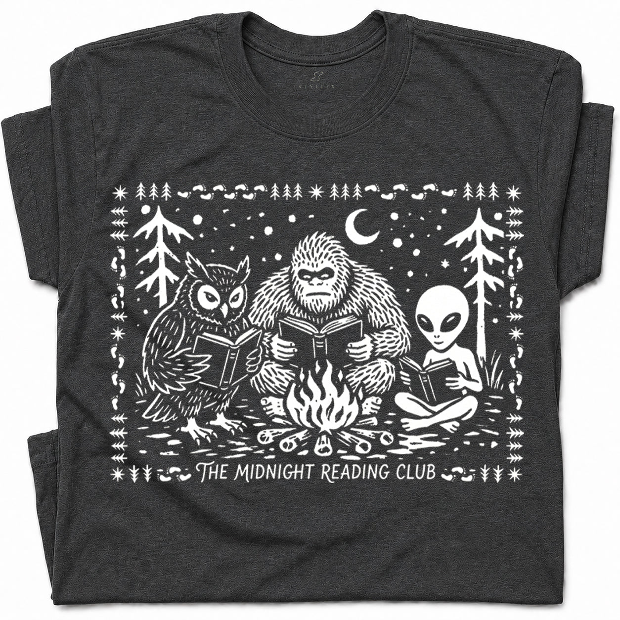 SF_COLOR=dark-heather; SF_ITEM=adult-t-shirt; SF_ROLE=gallery; Spooky Stories Midnight Reading Club Owl Alien T-Shirt Cryptid Bookworm Tee - Dark Heather Adult T-Shirt product image