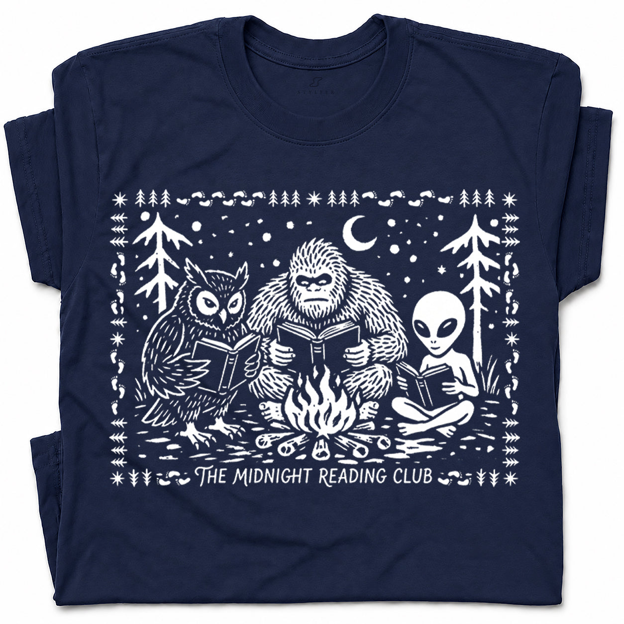 SF_COLOR=navy; SF_ITEM=adult-t-shirt; SF_ROLE=gallery; Spooky Stories Midnight Reading Club Owl Alien T-Shirt Cryptid Bookworm Tee - Navy Adult T-Shirt product image