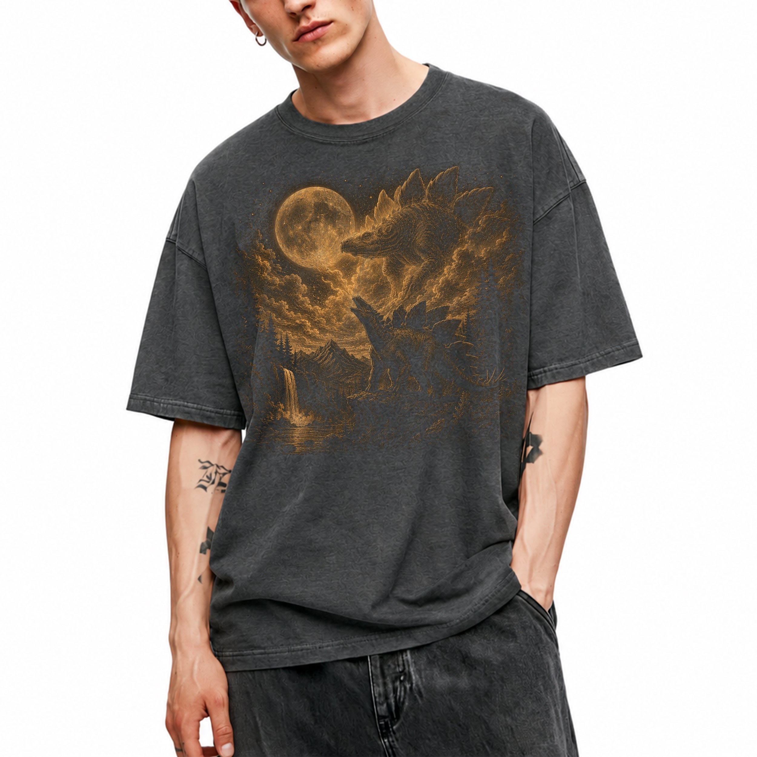 SF_COLOR=dark-heather; SF_ITEM=adult-t-shirt; SF_ROLE=main; Stegosaurus Dinosaur Full Moon T-Shirt Vintage Prehistoric Night Sky Forest Tee - Dark Heather Adult T-Shirt product image