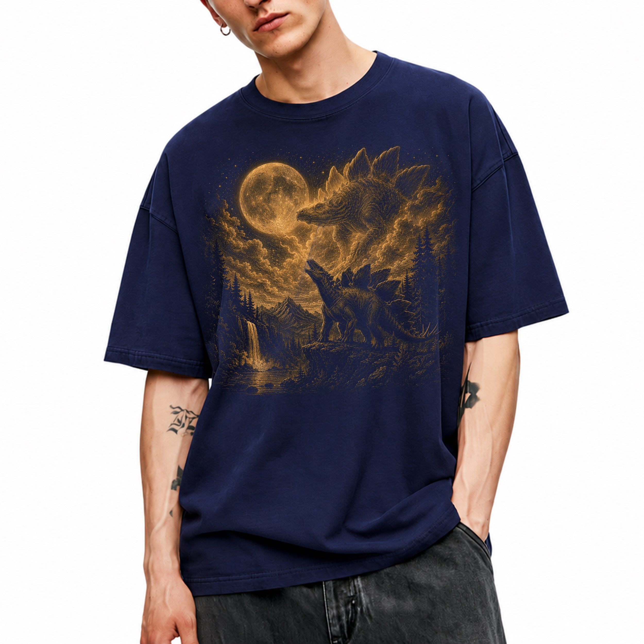 SF_COLOR=navy; SF_ITEM=adult-t-shirt; SF_ROLE=main; Stegosaurus Dinosaur Full Moon T-Shirt Vintage Prehistoric Night Sky Forest Tee - Navy Adult T-Shirt product image