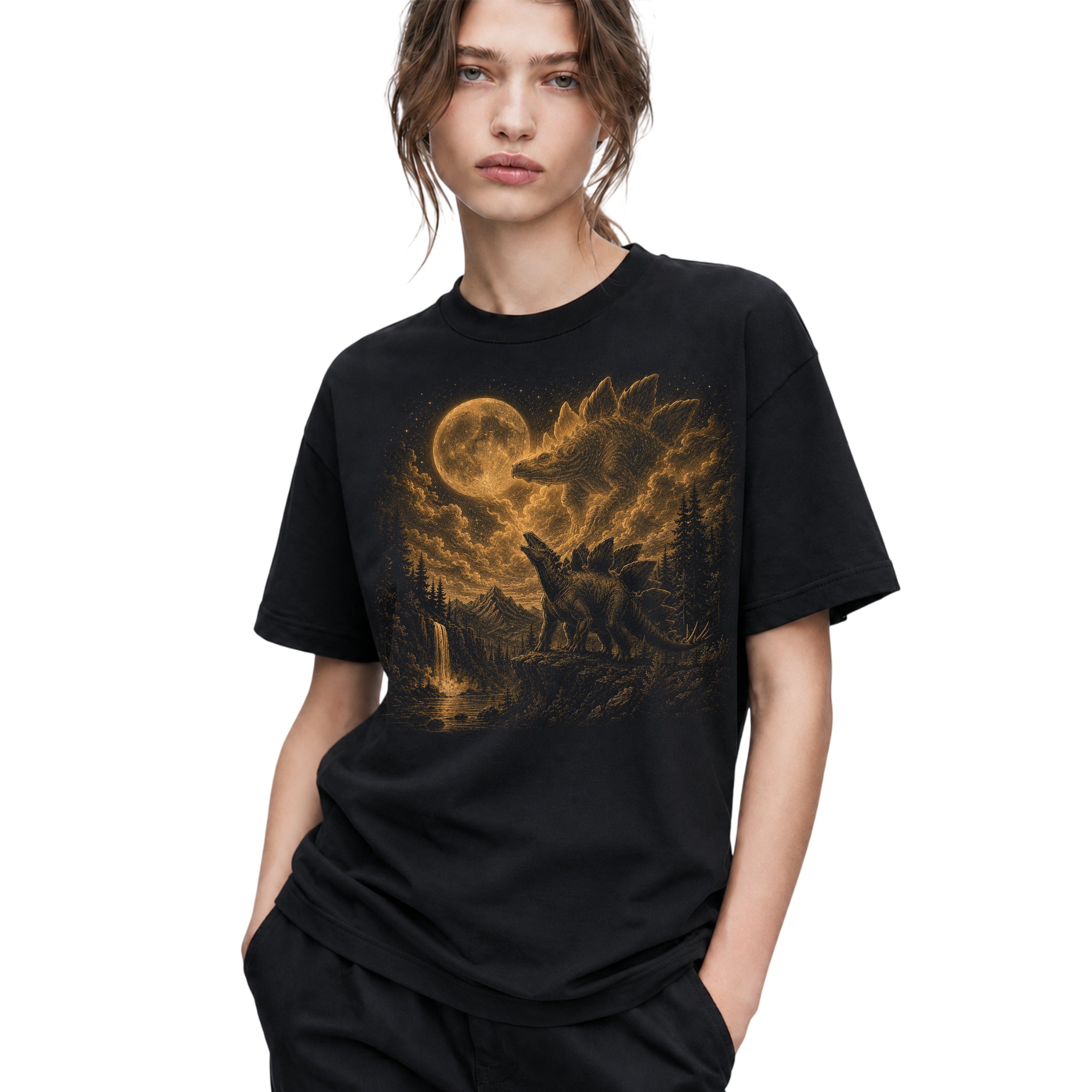 SF_COLOR=black; SF_ITEM=adult-t-shirt; SF_ROLE=gallery; Stegosaurus Dinosaur Full Moon T-Shirt Vintage Prehistoric Night Sky Forest Tee - Black Adult T-Shirt product image