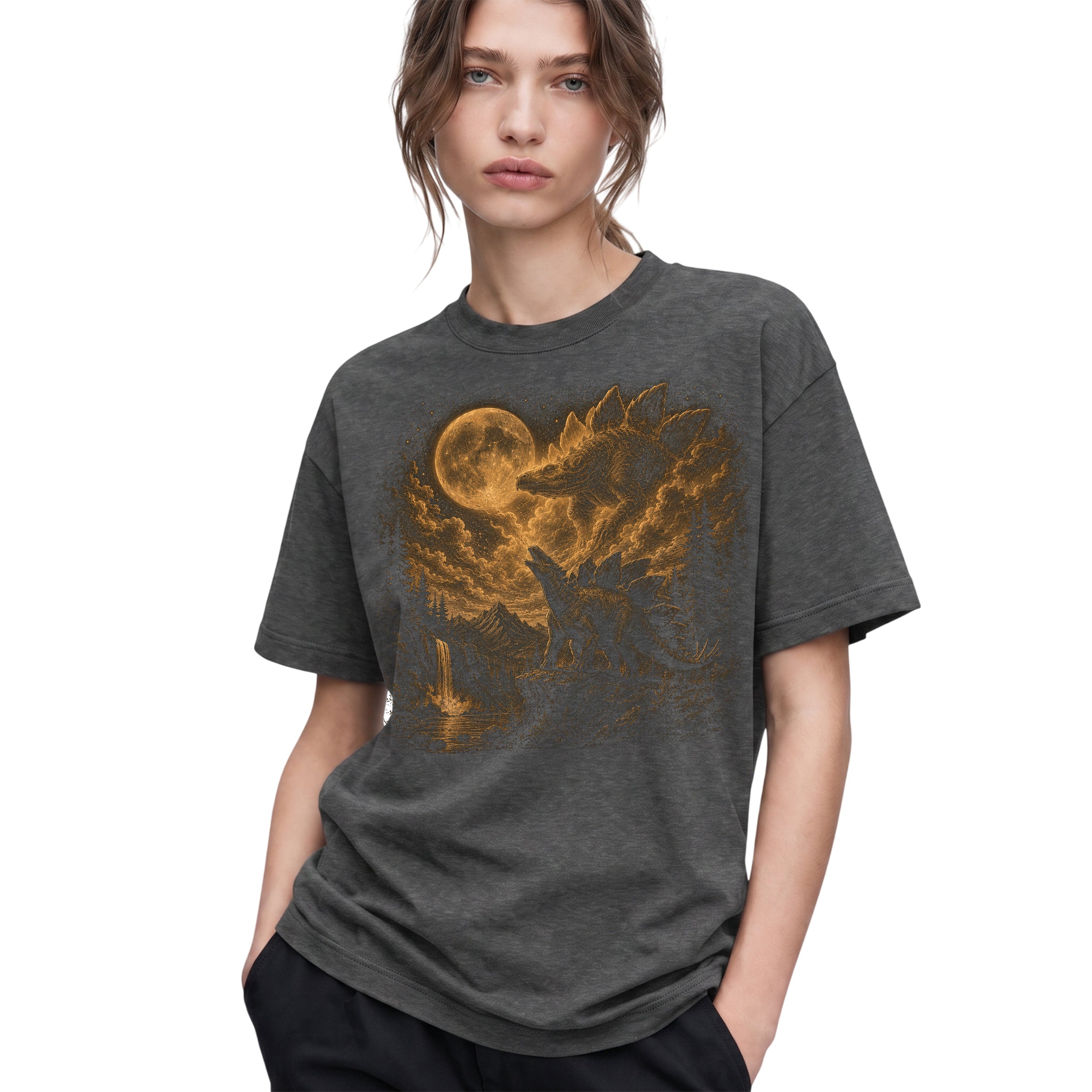 SF_COLOR=dark-heather; SF_ITEM=adult-t-shirt; SF_ROLE=gallery; Stegosaurus Dinosaur Full Moon T-Shirt Vintage Prehistoric Night Sky Forest Tee - Dark Heather Adult T-Shirt product image