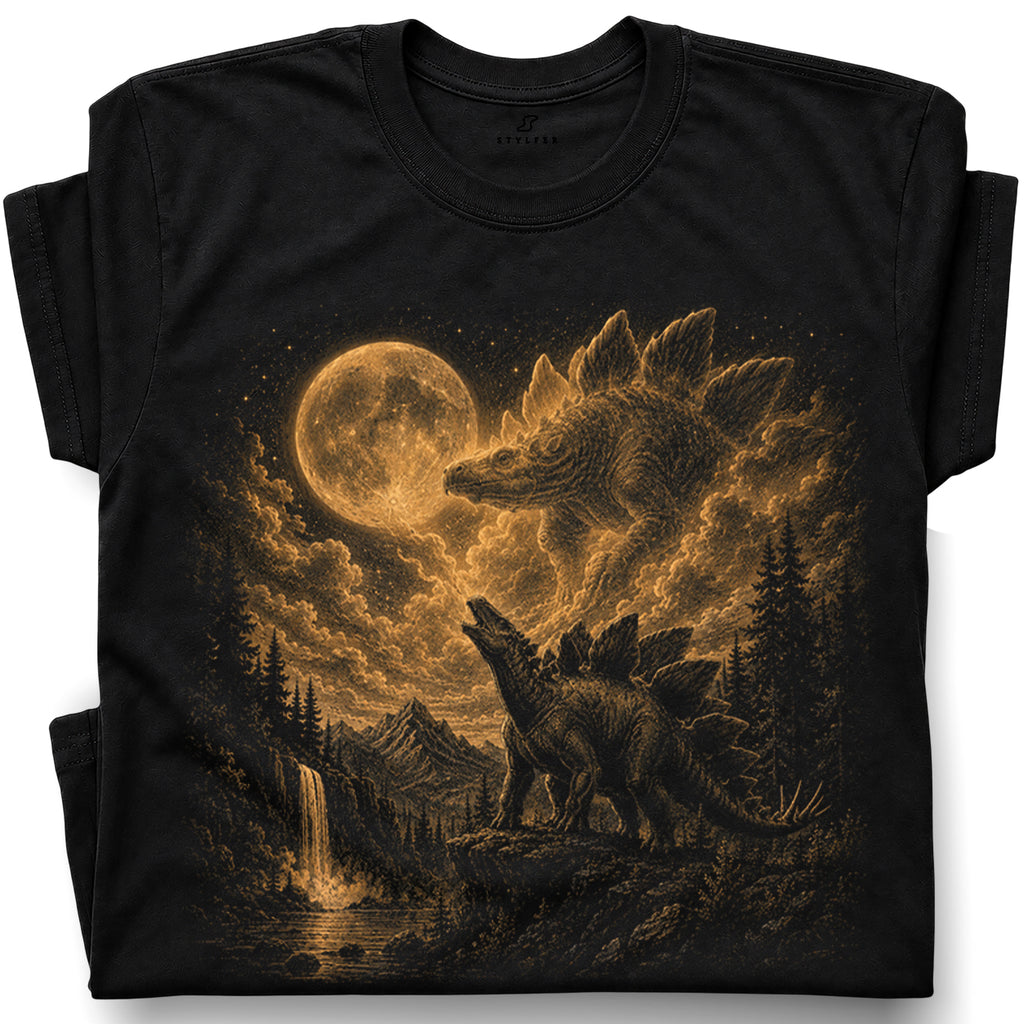 SF_COLOR=black; SF_ITEM=adult-t-shirt; SF_ROLE=gallery; Stegosaurus Dinosaur Full Moon T-Shirt Vintage Prehistoric Night Sky Forest Tee - Black Adult T-Shirt product image