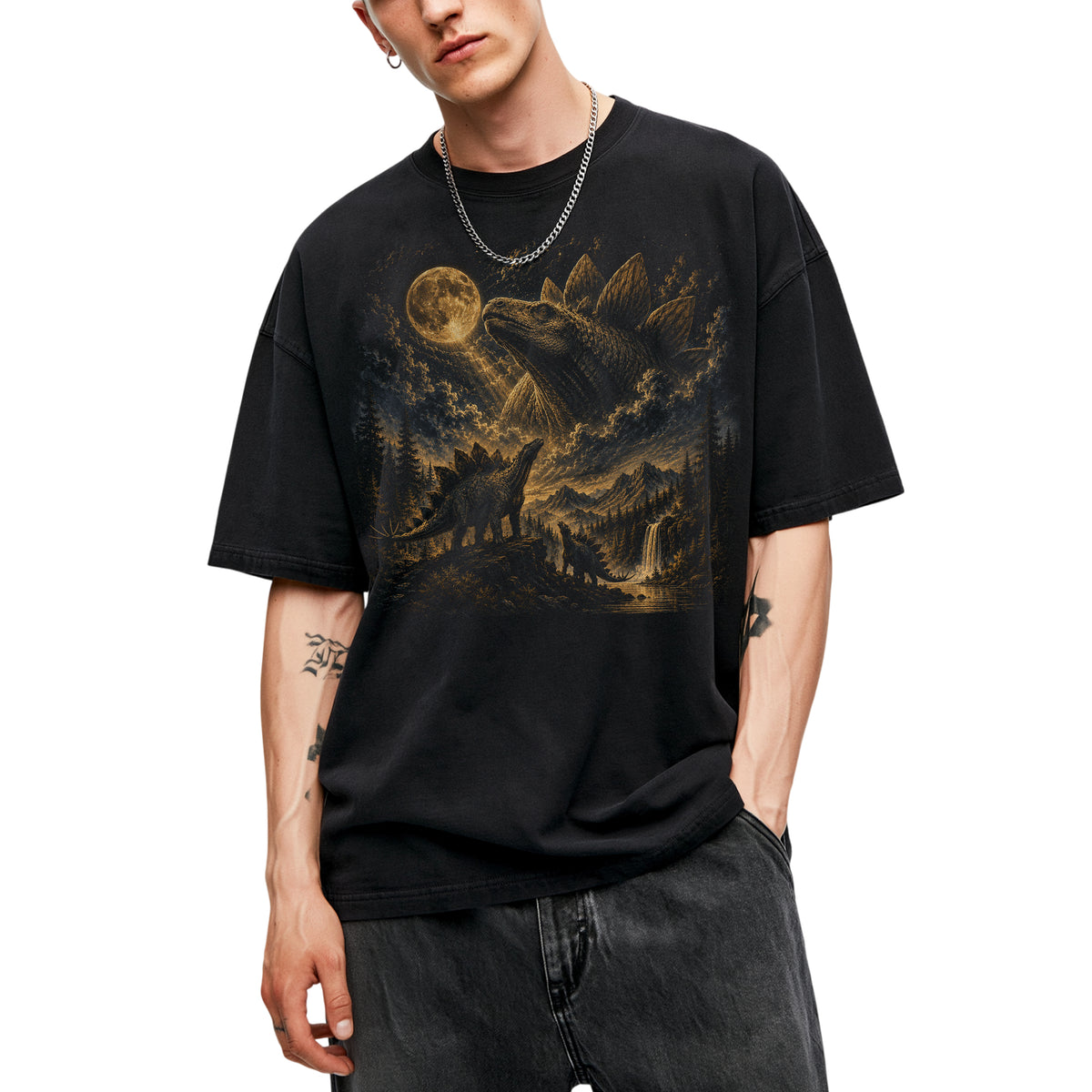SF_COLOR=black; SF_ITEM=adult-t-shirt; SF_ROLE=main; Stegosaurus Family Night Sky T-Shirt Vintage Full Moon Dinosaur Silhouette Top - Black Adult T-Shirt product image