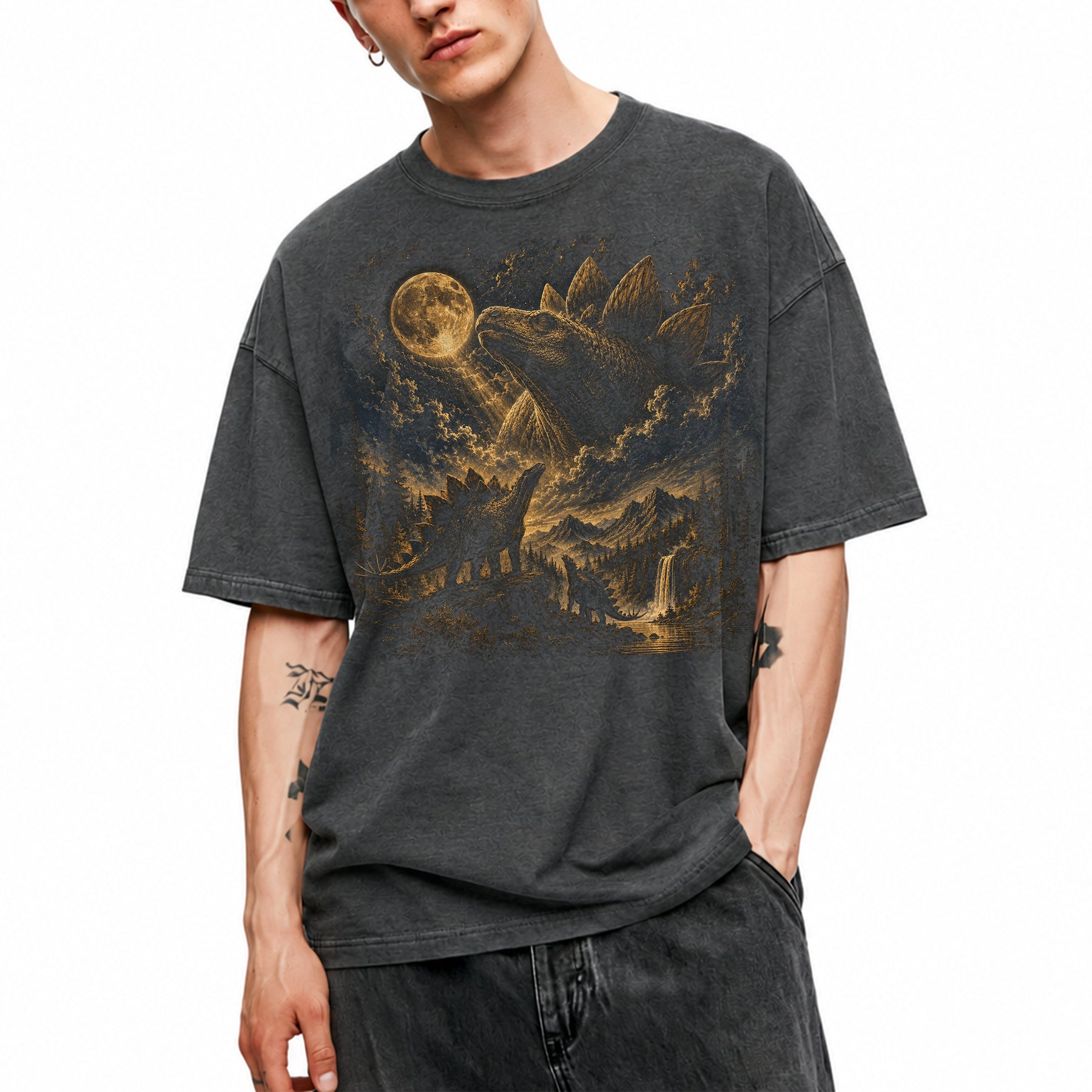 SF_COLOR=dark-heather; SF_ITEM=adult-t-shirt; SF_ROLE=main; Stegosaurus Family Night Sky T-Shirt Vintage Full Moon Dinosaur Silhouette Top - Dark Heather Adult T-Shirt product image