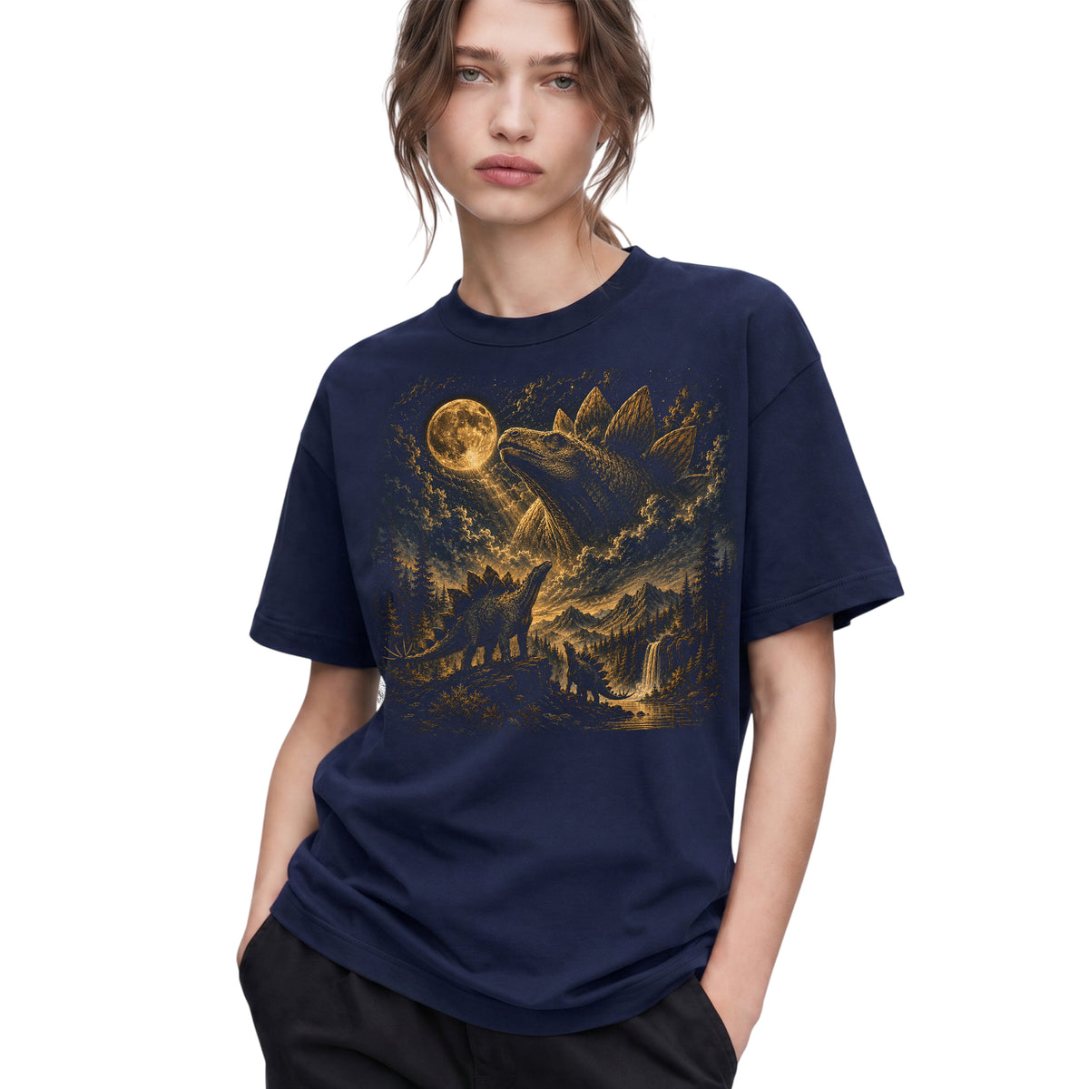 SF_COLOR=navy; SF_ITEM=adult-t-shirt; SF_ROLE=gallery; Stegosaurus Family Night Sky T-Shirt Vintage Full Moon Dinosaur Silhouette Top - Navy Adult T-Shirt product image