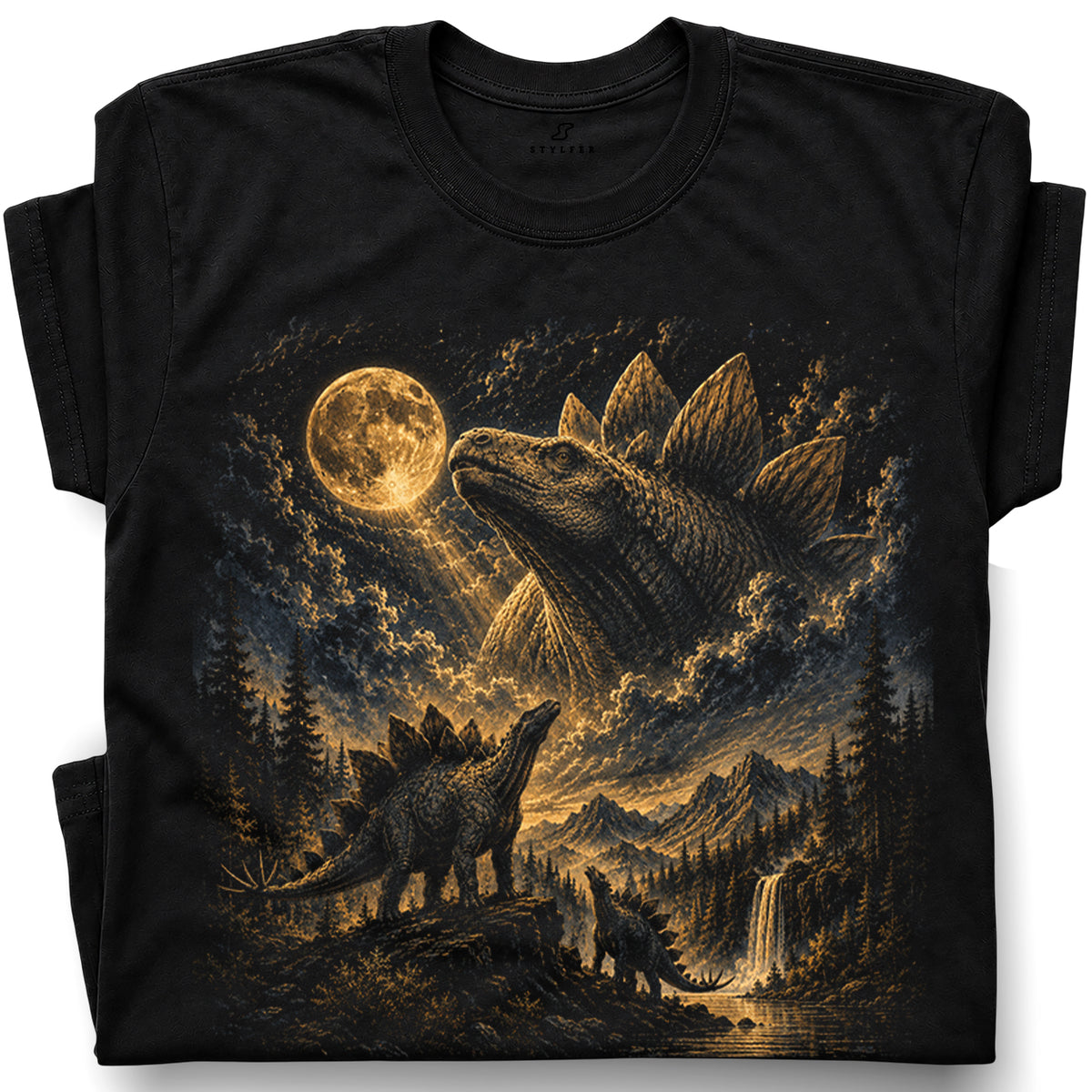 SF_COLOR=black; SF_ITEM=adult-t-shirt; SF_ROLE=gallery; Stegosaurus Family Night Sky T-Shirt Vintage Full Moon Dinosaur Silhouette Top - Black Adult T-Shirt product image
