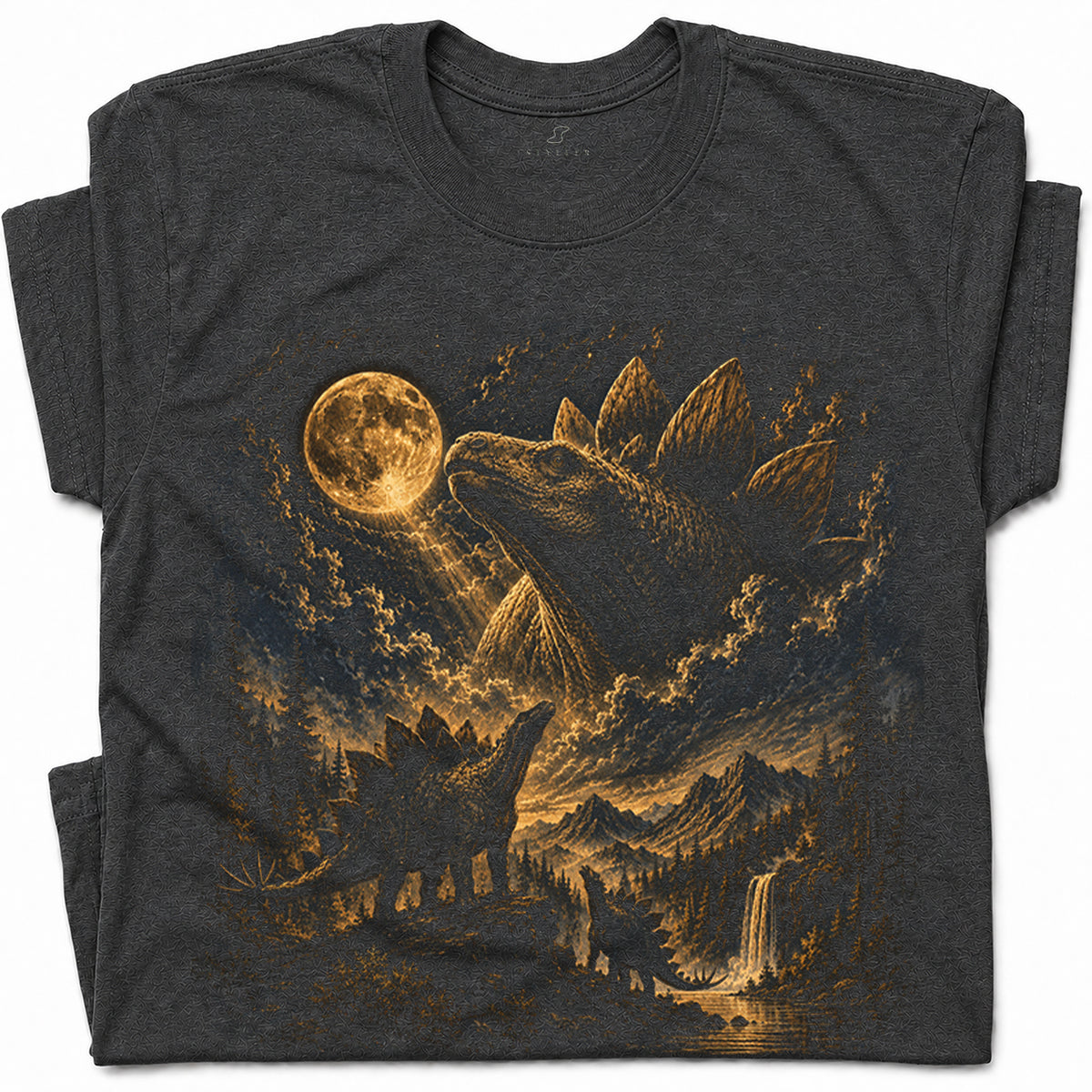 SF_COLOR=dark-heather; SF_ITEM=adult-t-shirt; SF_ROLE=gallery; Stegosaurus Family Night Sky T-Shirt Vintage Full Moon Dinosaur Silhouette Top - Dark Heather Adult T-Shirt product image