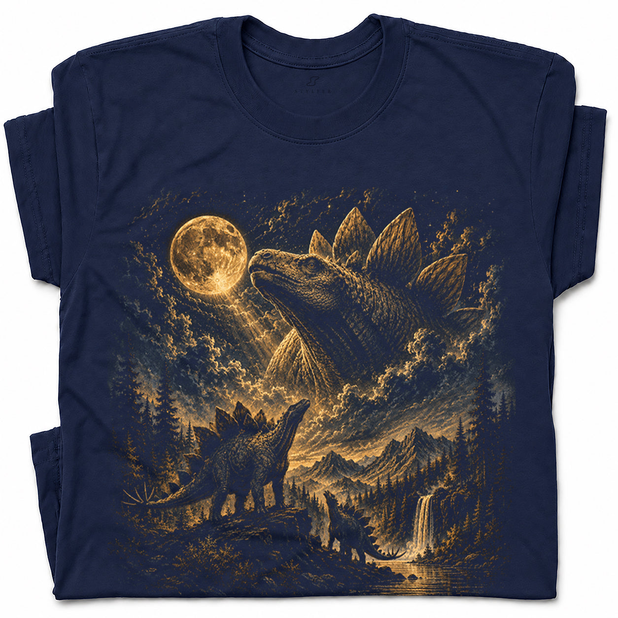 SF_COLOR=navy; SF_ITEM=adult-t-shirt; SF_ROLE=gallery; Stegosaurus Family Night Sky T-Shirt Vintage Full Moon Dinosaur Silhouette Top - Navy Adult T-Shirt product image