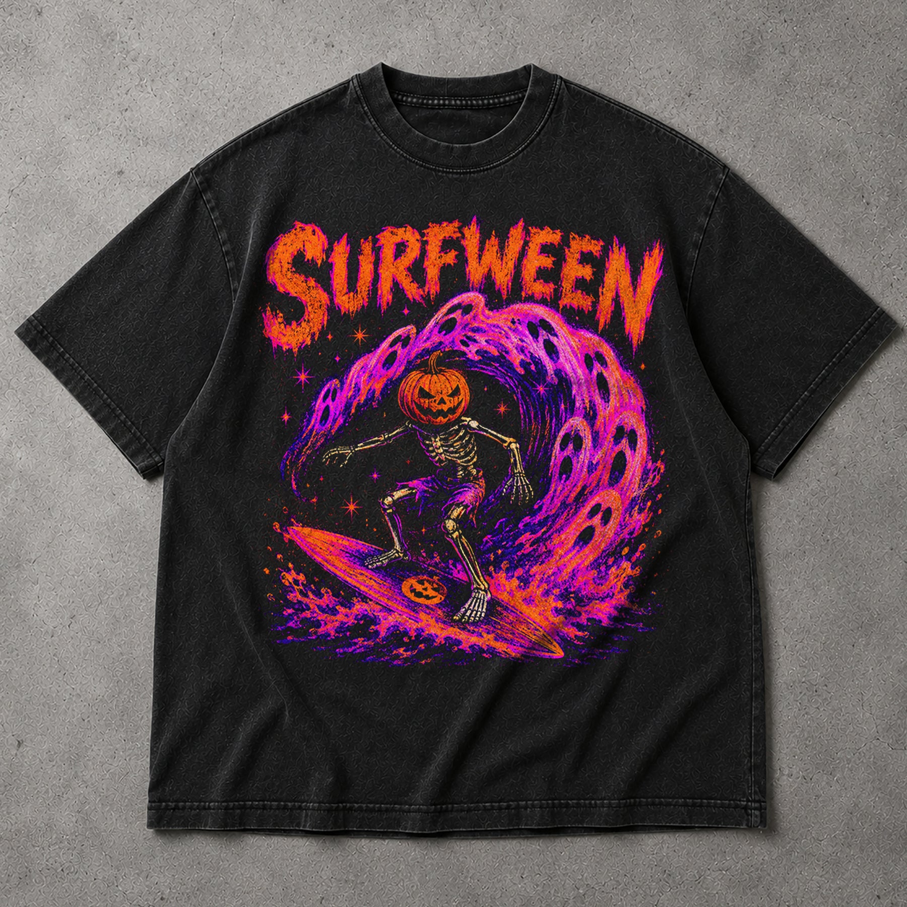 SF_COLOR=black; SF_ITEM=adult-t-shirt; SF_ROLE=main; Surfween Halloween Surfing Skeleton T-Shirt Pumpkin Head Spooky Wave Tee - Black Adult T-Shirt product image