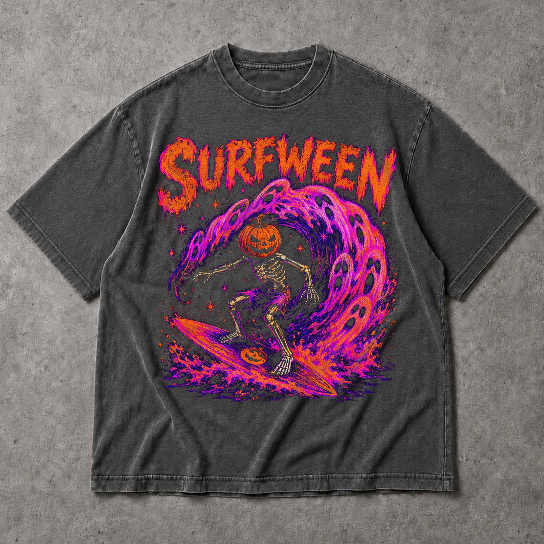SF_COLOR=dark-heather; SF_ITEM=adult-t-shirt; SF_ROLE=main; Surfween Halloween Surfing Skeleton T-Shirt Pumpkin Head Spooky Wave Tee - Dark Heather Adult T-Shirt product image