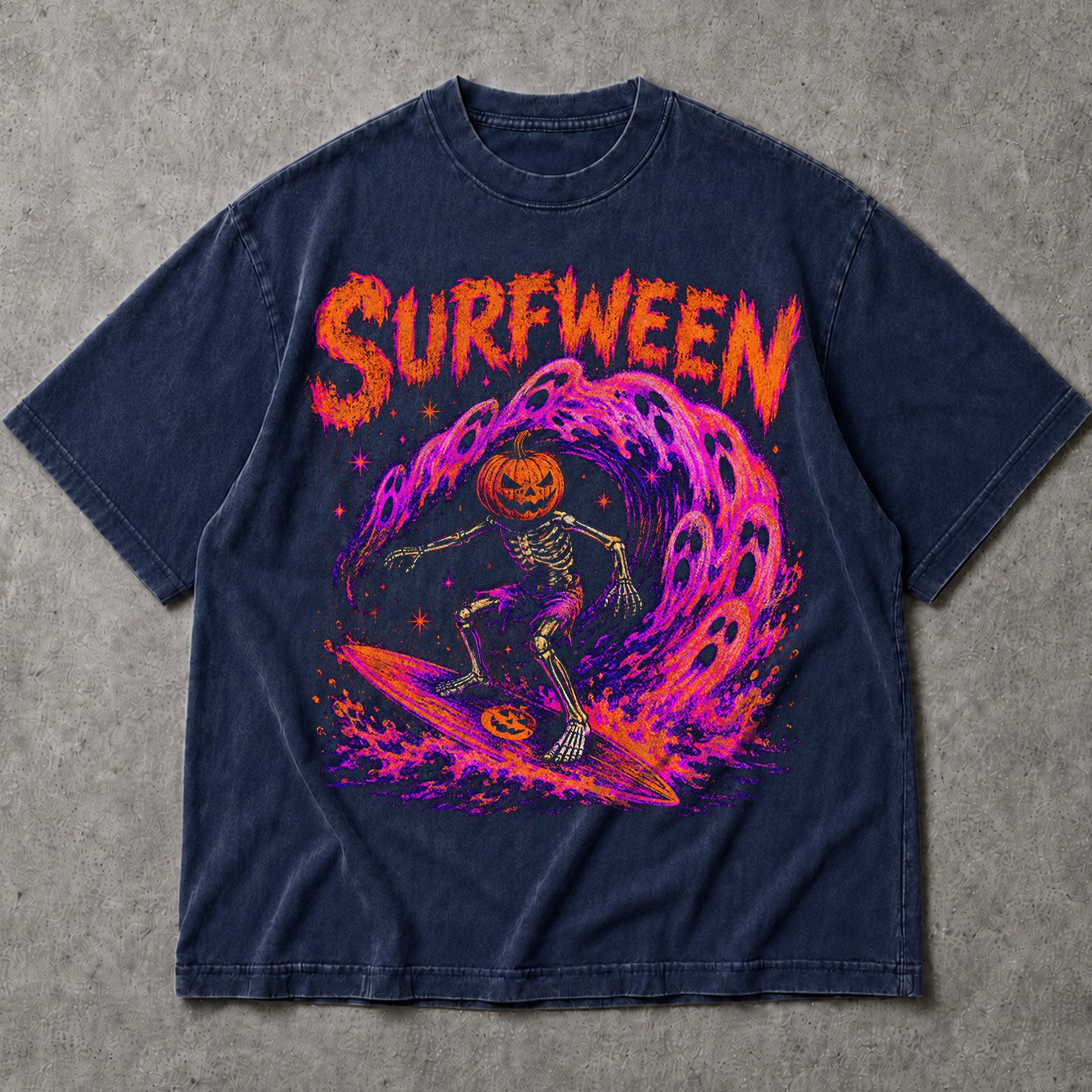 SF_COLOR=navy; SF_ITEM=adult-t-shirt; SF_ROLE=main; Surfween Halloween Surfing Skeleton T-Shirt Pumpkin Head Spooky Wave Tee - Navy Adult T-Shirt product image