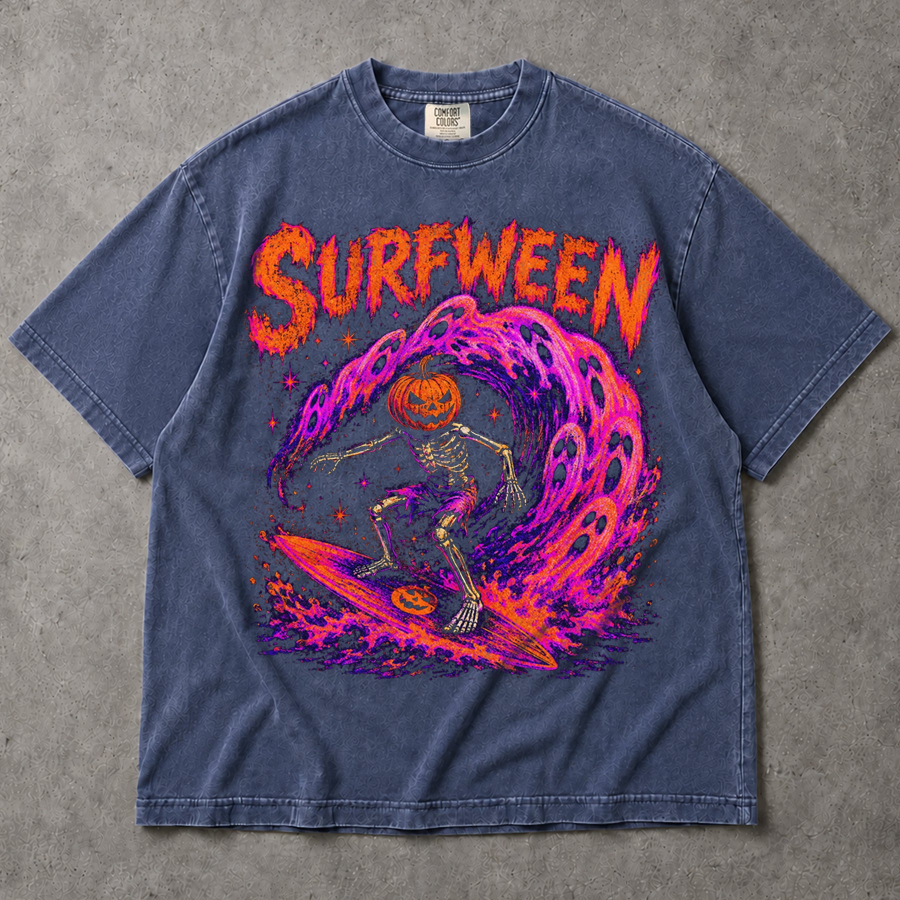 SF_COLOR=sport-grey|denim; SF_ITEM=adult-t-shirt; SF_ROLE=main; Surfween Halloween Surfing Skeleton T-Shirt Pumpkin Head Spooky Wave Tee - Sport Grey, Denim Adult T-Shirt product image