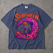SF_COLOR=sport-grey|denim; SF_ITEM=adult-t-shirt; SF_ROLE=main; Surfween Halloween Surfing Skeleton T-Shirt Pumpkin Head Spooky Wave Tee - Sport Grey, Denim Adult T-Shirt product image