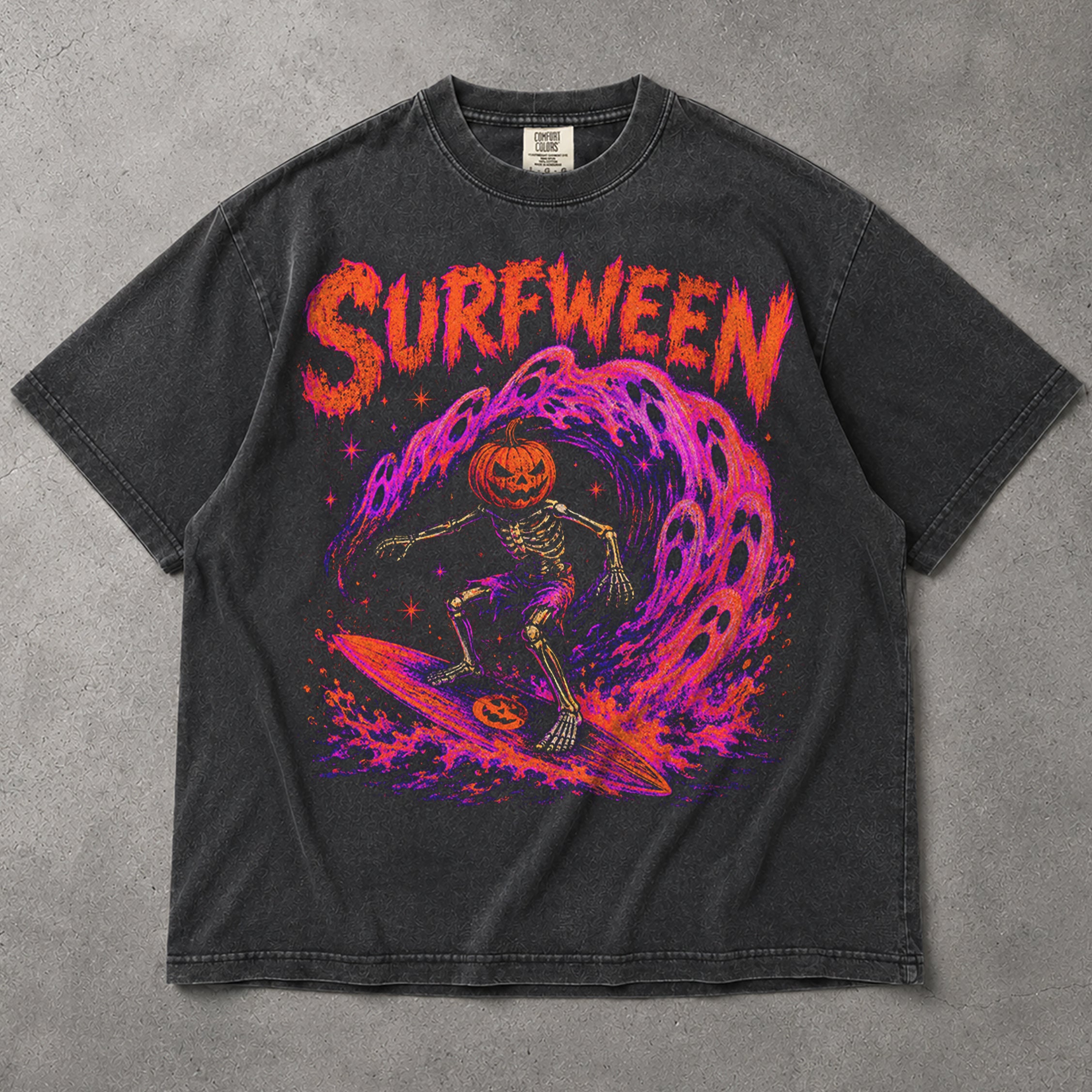 SF_COLOR=graphite; SF_ITEM=adult-t-shirt; SF_ROLE=main; Surfween Halloween Surfing Skeleton T-Shirt Pumpkin Head Spooky Wave Tee - Graphite Adult T-Shirt product image