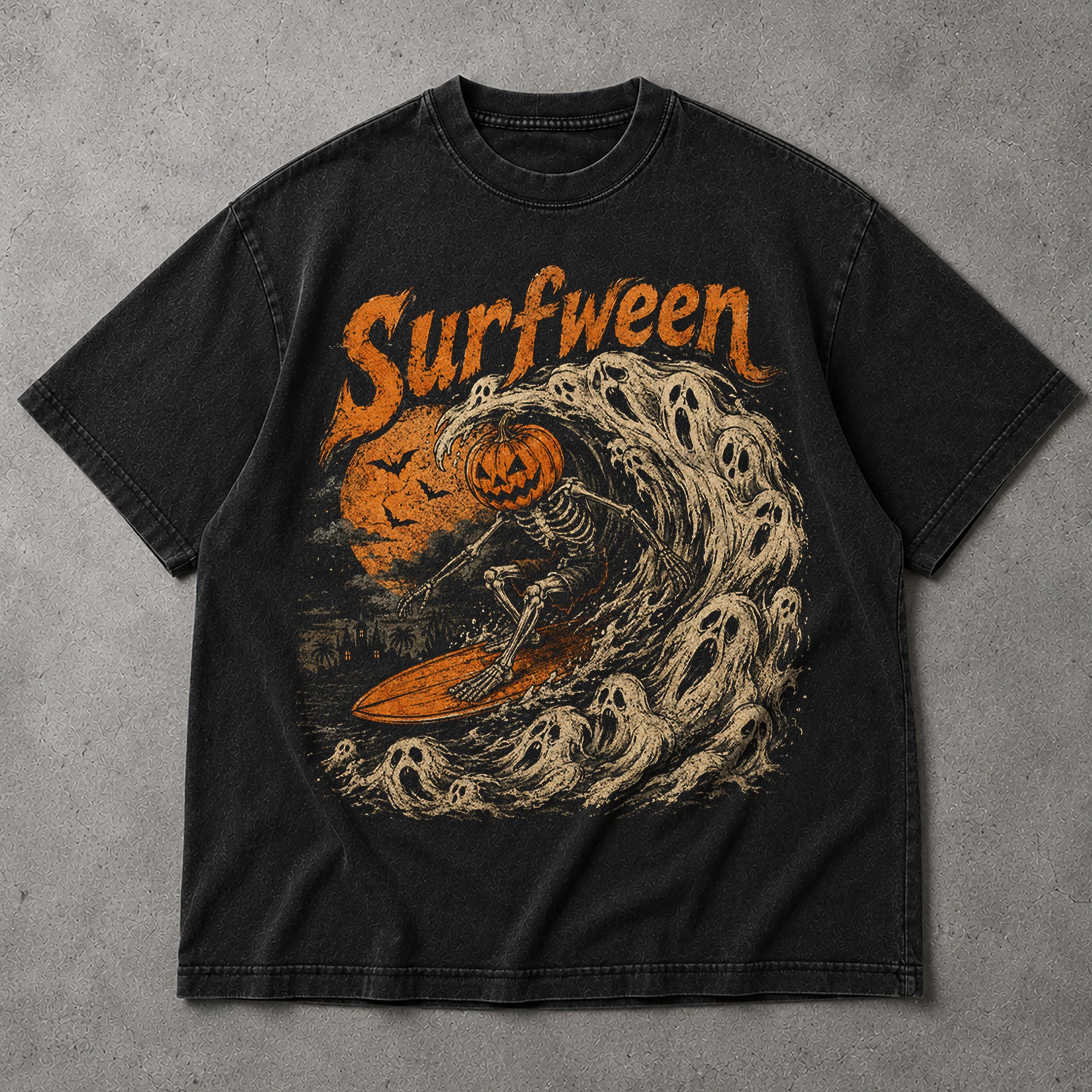 SF_COLOR=black; SF_ITEM=adult-t-shirt; SF_ROLE=main; Surfween Skeleton Surfing Ghost Wave T-Shirt Pumpkin Head Halloween Tee - Black Adult T-Shirt product image
