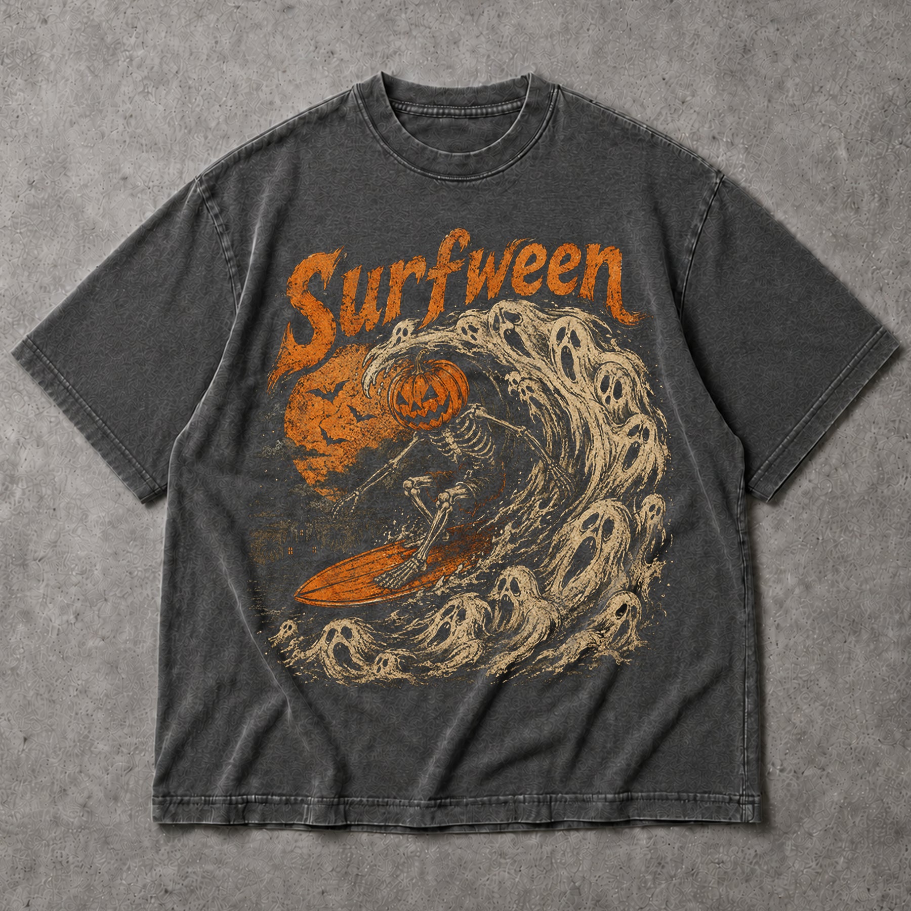 SF_COLOR=dark-heather; SF_ITEM=adult-t-shirt; SF_ROLE=main; Surfween Skeleton Surfing Ghost Wave T-Shirt Pumpkin Head Halloween Tee - Dark Heather Adult T-Shirt product image