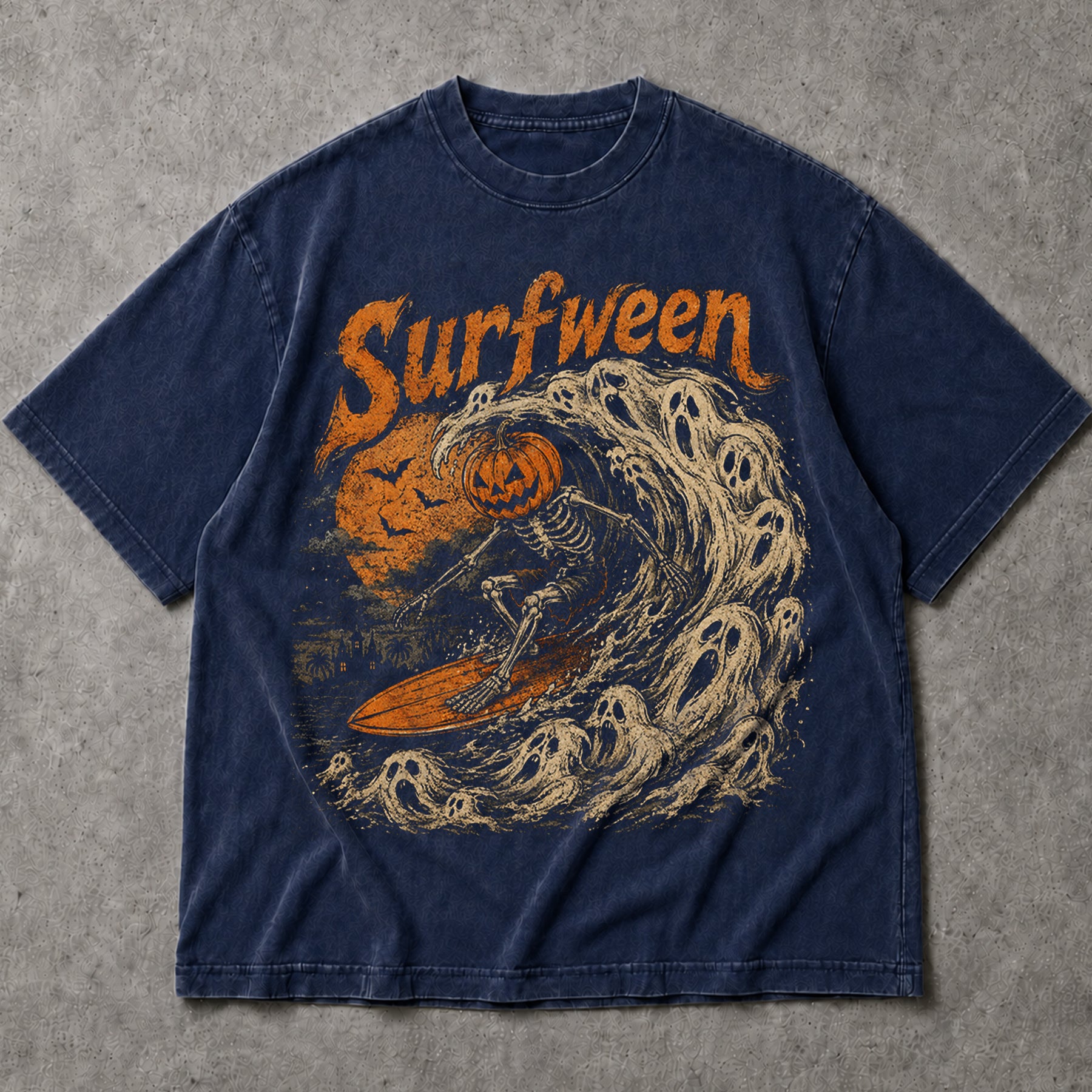 SF_COLOR=navy; SF_ITEM=adult-t-shirt; SF_ROLE=main; Surfween Skeleton Surfing Ghost Wave T-Shirt Pumpkin Head Halloween Tee - Navy Adult T-Shirt product image