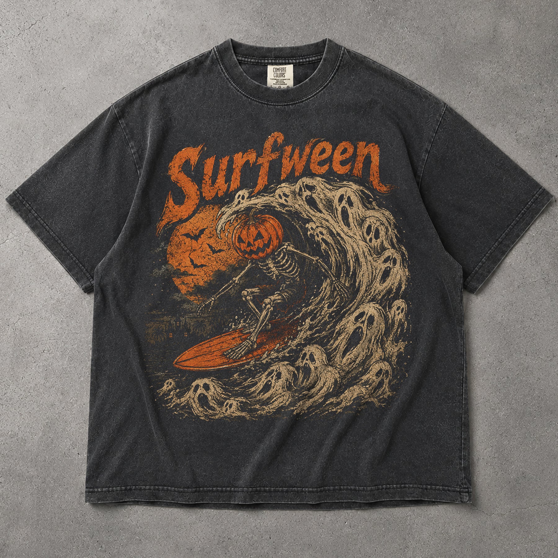 SF_COLOR=graphite; SF_ITEM=adult-t-shirt; SF_ROLE=main; Surfween Skeleton Surfing Ghost Wave T-Shirt Pumpkin Head Halloween Tee - Graphite Adult T-Shirt product image