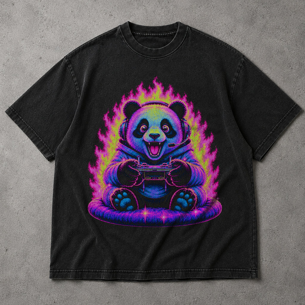 SF_COLOR=black; SF_ITEM=adult-t-shirt; SF_ROLE=main; Synthwave Gamer Panda T-Shirt Cyberpunk Fire Video Game Controller Anime Apparel - Black Adult T-Shirt product image
