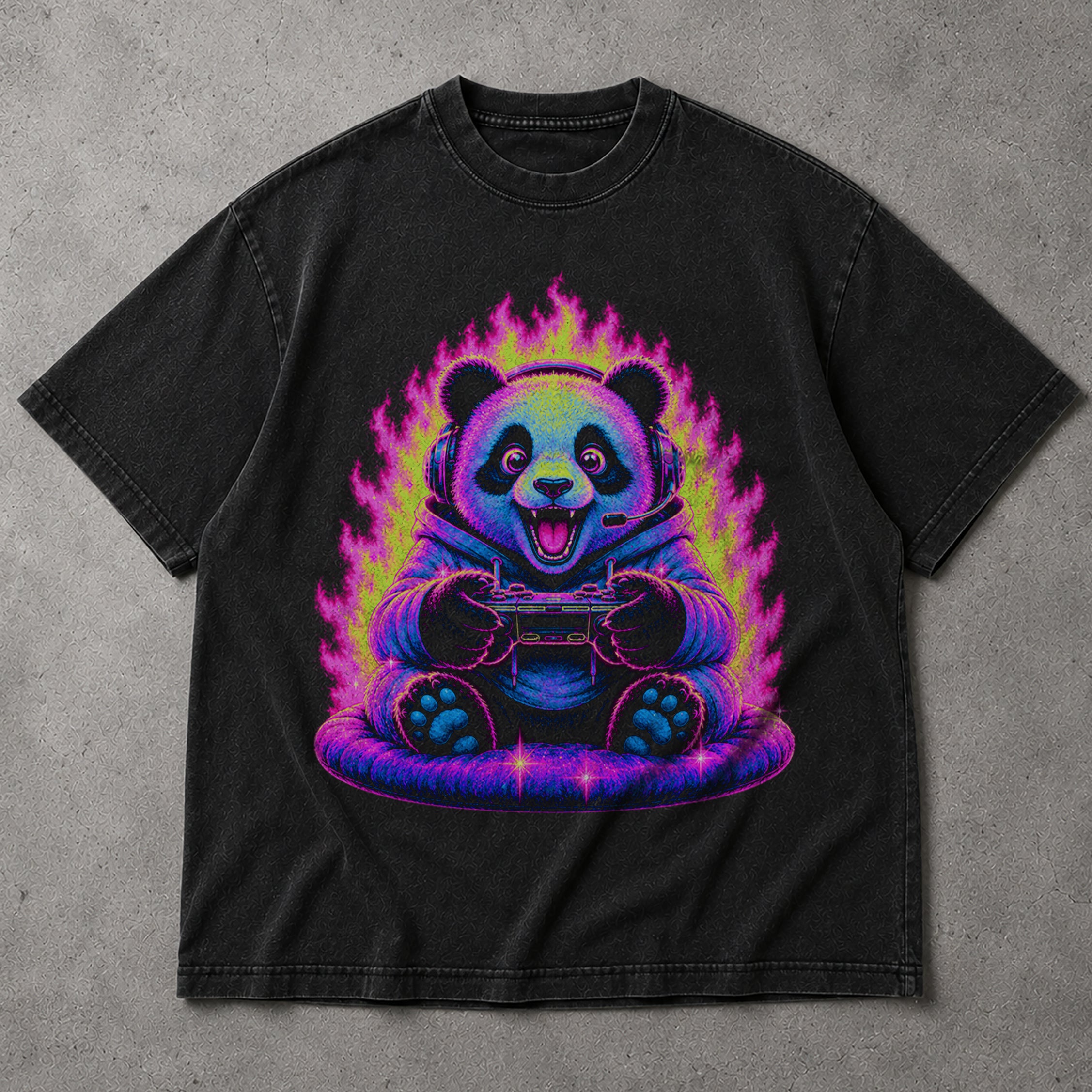 SF_COLOR=black; SF_ITEM=adult-t-shirt; SF_ROLE=main; Synthwave Gamer Panda T-Shirt Cyberpunk Fire Video Game Controller Anime Apparel - Black Adult T-Shirt product image