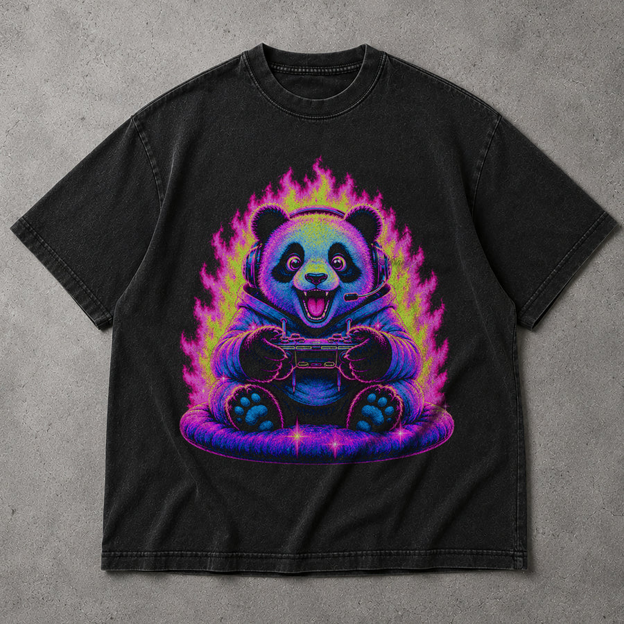 Synthwave Gamer Panda T-Shirt Cyberpunk Fire Video Game Controller Anime Apparel