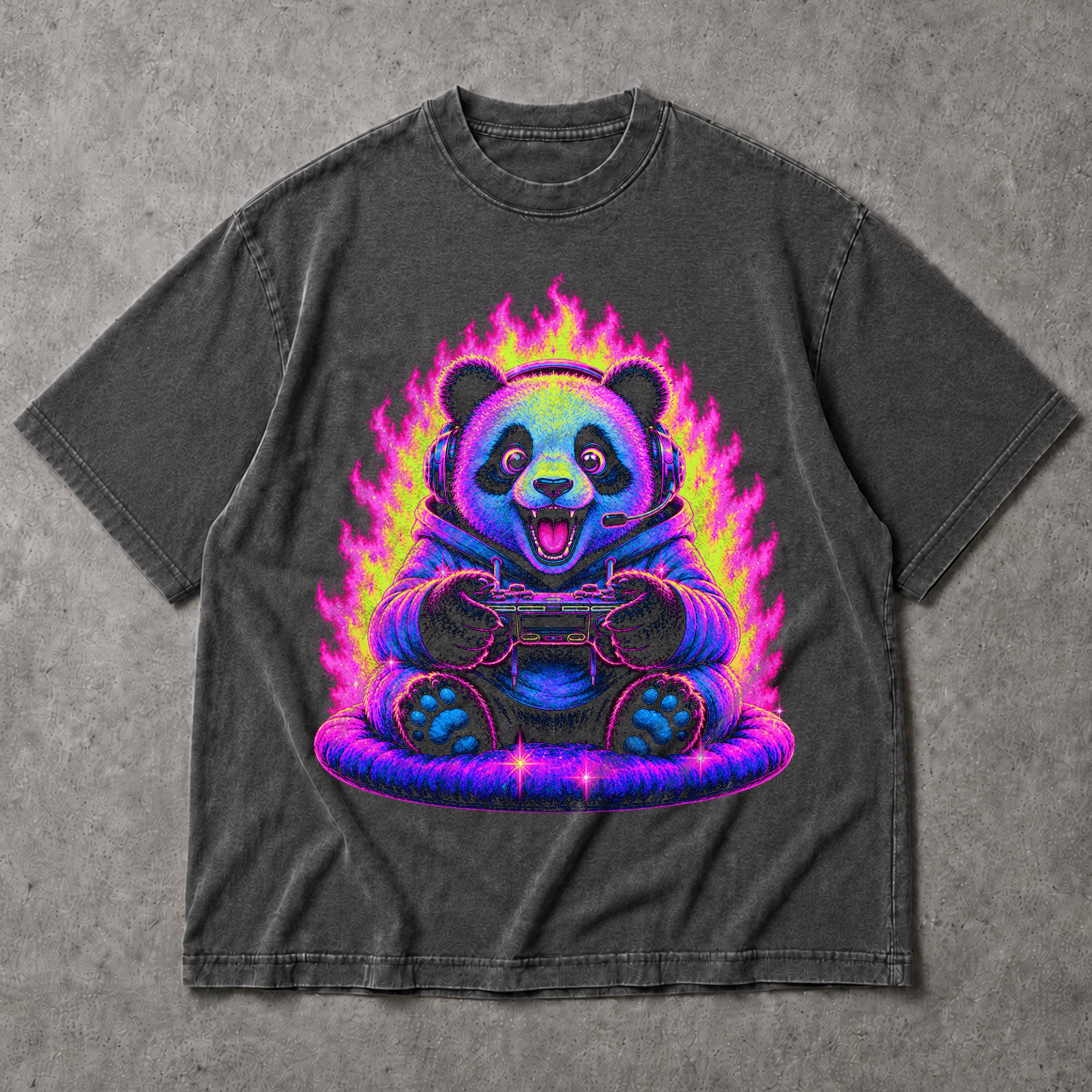 SF_COLOR=dark-heather; SF_ITEM=adult-t-shirt; SF_ROLE=main; Synthwave Gamer Panda T-Shirt Cyberpunk Fire Video Game Controller Anime Apparel - Dark Heather Adult T-Shirt product image