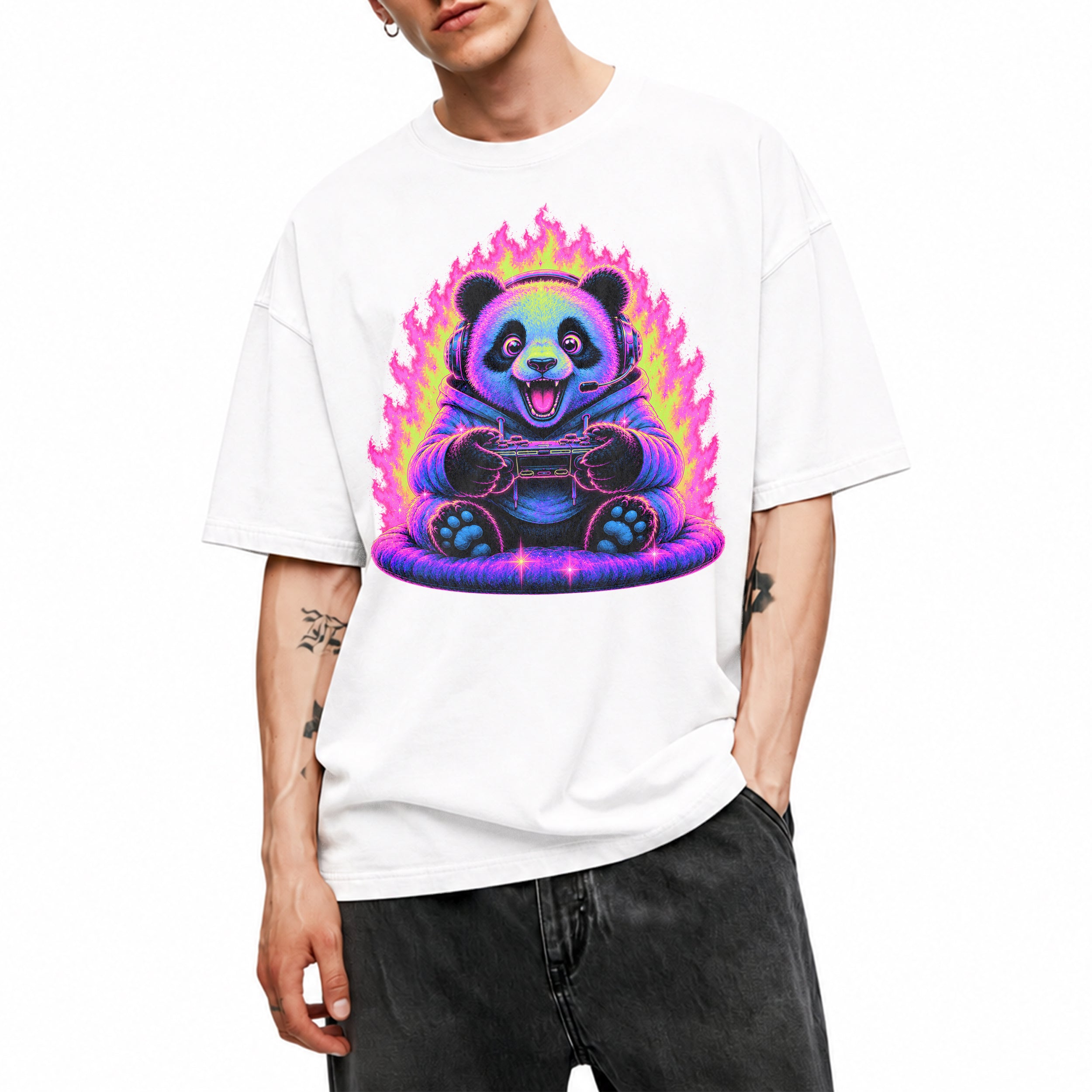 SF_COLOR=white; SF_ITEM=adult-t-shirt; SF_ROLE=gallery; Synthwave Gamer Panda T-Shirt Cyberpunk Fire Video Game Controller Anime Apparel - White Adult T-Shirt product image