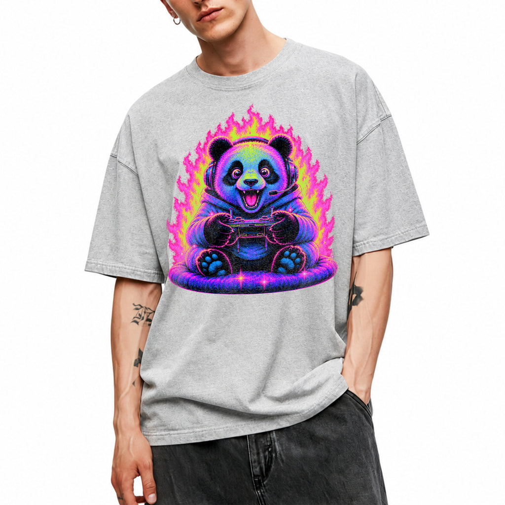SF_COLOR=sport-grey; SF_ITEM=adult-t-shirt; SF_ROLE=gallery; Synthwave Gamer Panda T-Shirt Cyberpunk Fire Video Game Controller Anime Apparel - Sport Grey Adult T-Shirt product image
