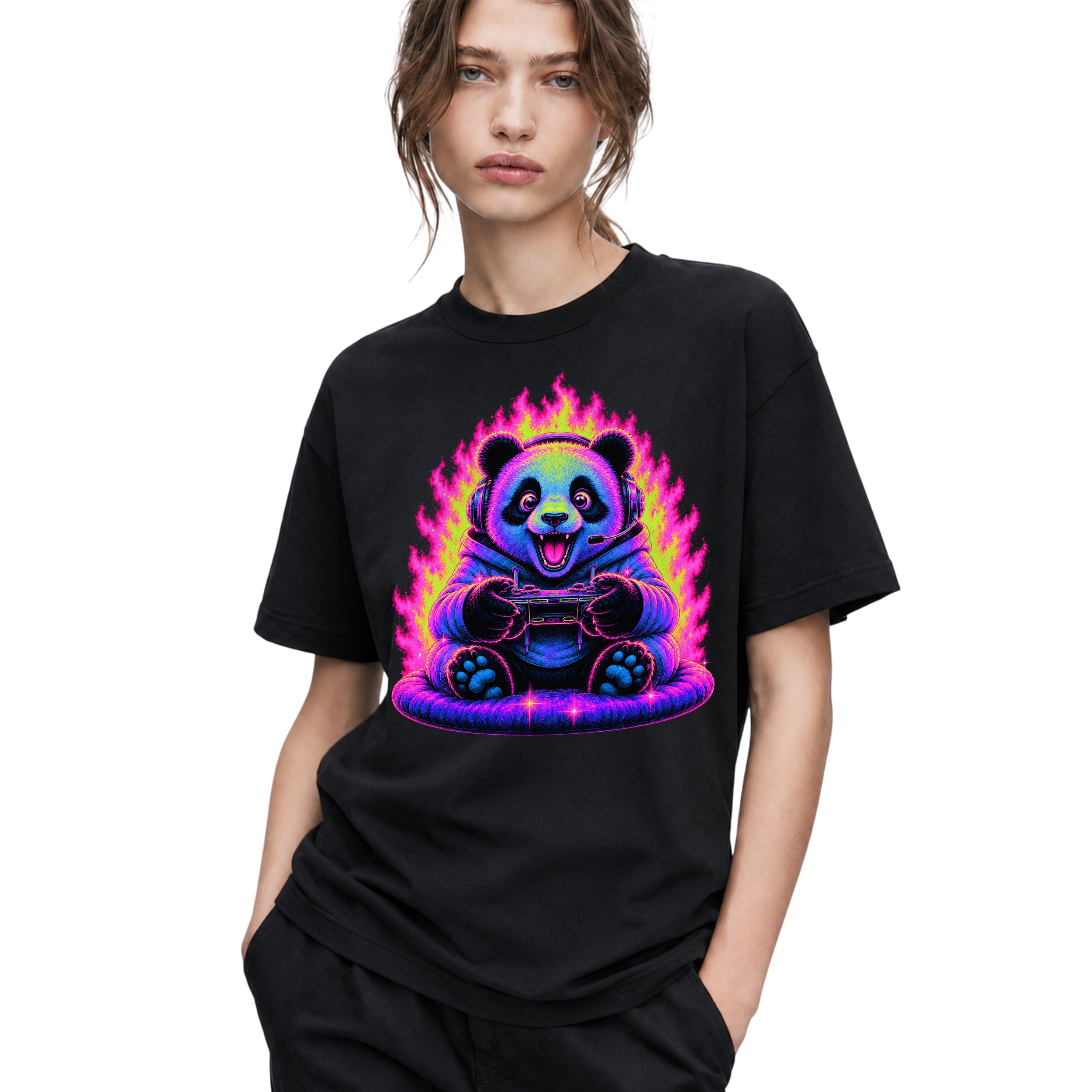 SF_COLOR=black; SF_ITEM=adult-t-shirt; SF_ROLE=gallery; Synthwave Gamer Panda T-Shirt Cyberpunk Fire Video Game Controller Anime Apparel - Black Adult T-Shirt product image
