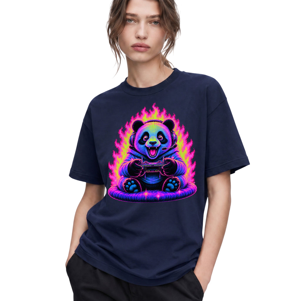 SF_COLOR=navy; SF_ITEM=adult-t-shirt; SF_ROLE=gallery; Synthwave Gamer Panda T-Shirt Cyberpunk Fire Video Game Controller Anime Apparel - Navy Adult T-Shirt product image