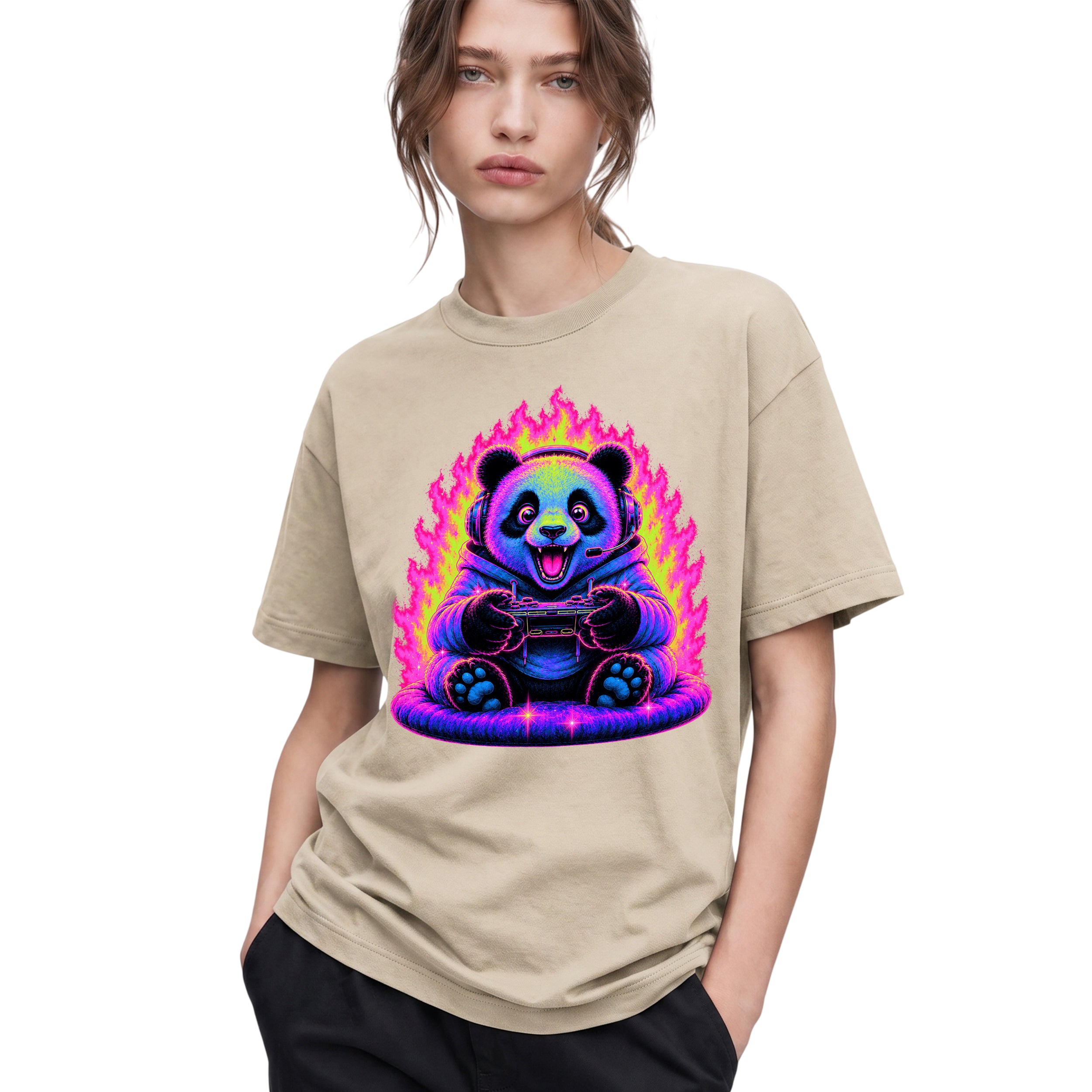 SF_COLOR=sand; SF_ITEM=adult-t-shirt; SF_ROLE=gallery; Synthwave Gamer Panda T-Shirt Cyberpunk Fire Video Game Controller Anime Apparel - Sand Adult T-Shirt product image