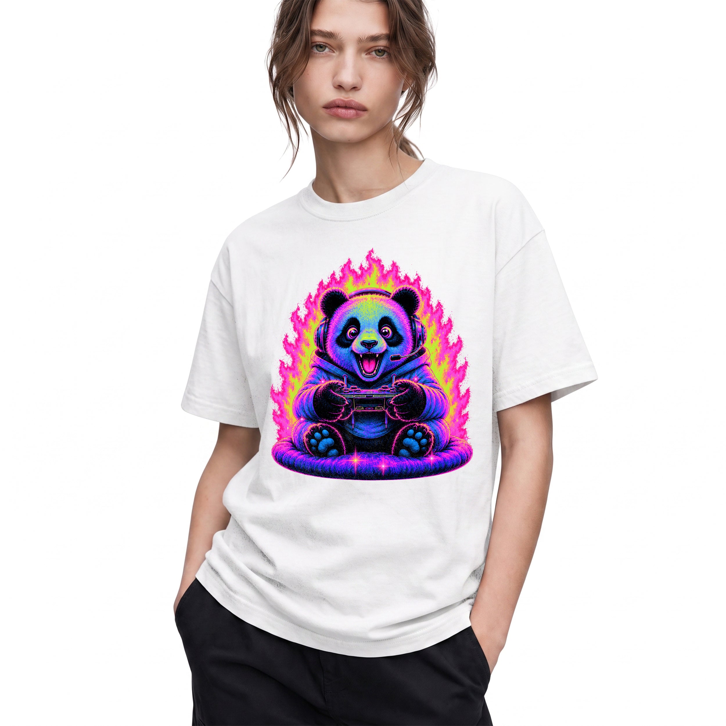 SF_COLOR=white; SF_ITEM=adult-t-shirt; SF_ROLE=gallery; Synthwave Gamer Panda T-Shirt Cyberpunk Fire Video Game Controller Anime Apparel - White Adult T-Shirt product image