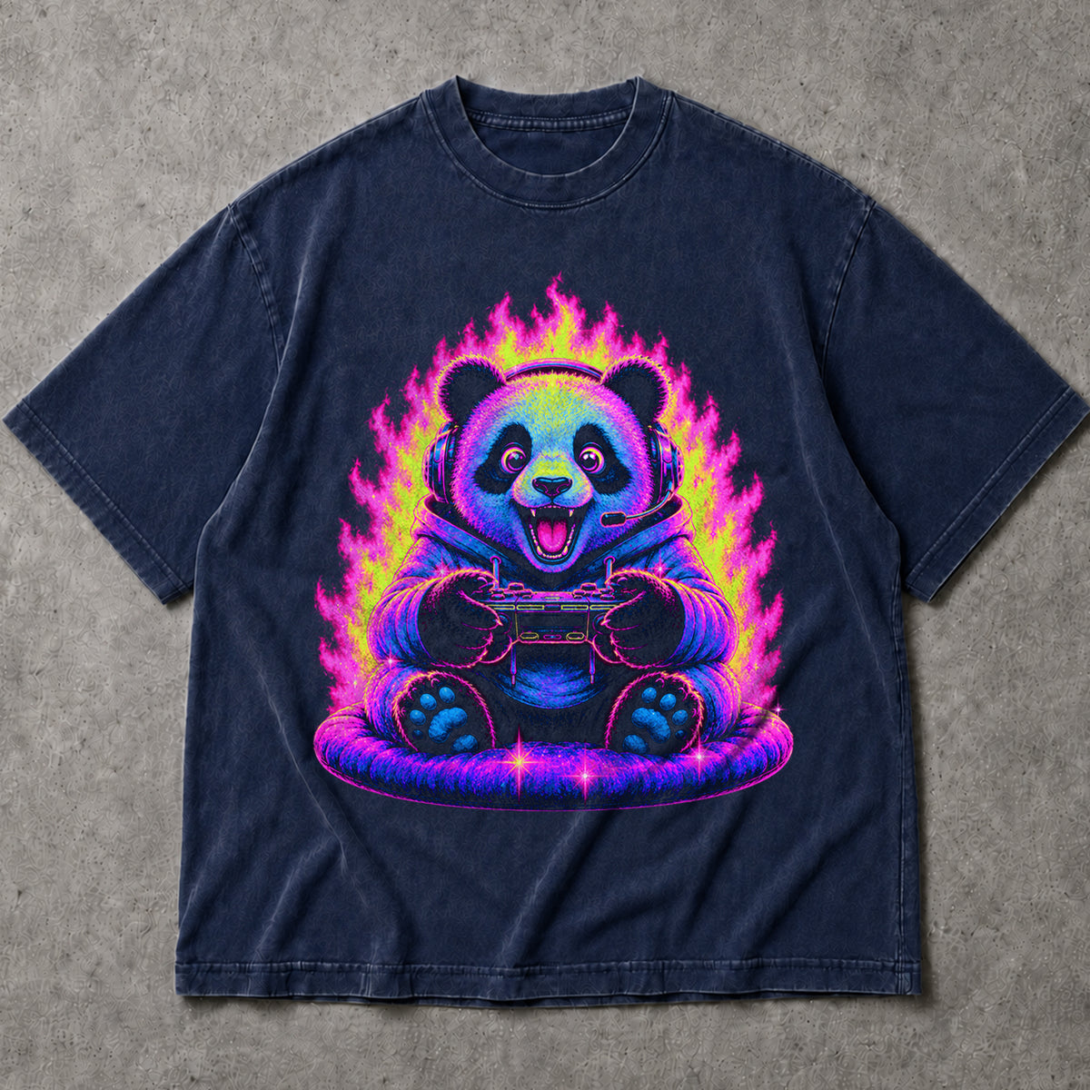 SF_COLOR=navy; SF_ITEM=adult-t-shirt; SF_ROLE=main; Synthwave Gamer Panda T-Shirt Cyberpunk Fire Video Game Controller Anime Apparel - Navy Adult T-Shirt product image
