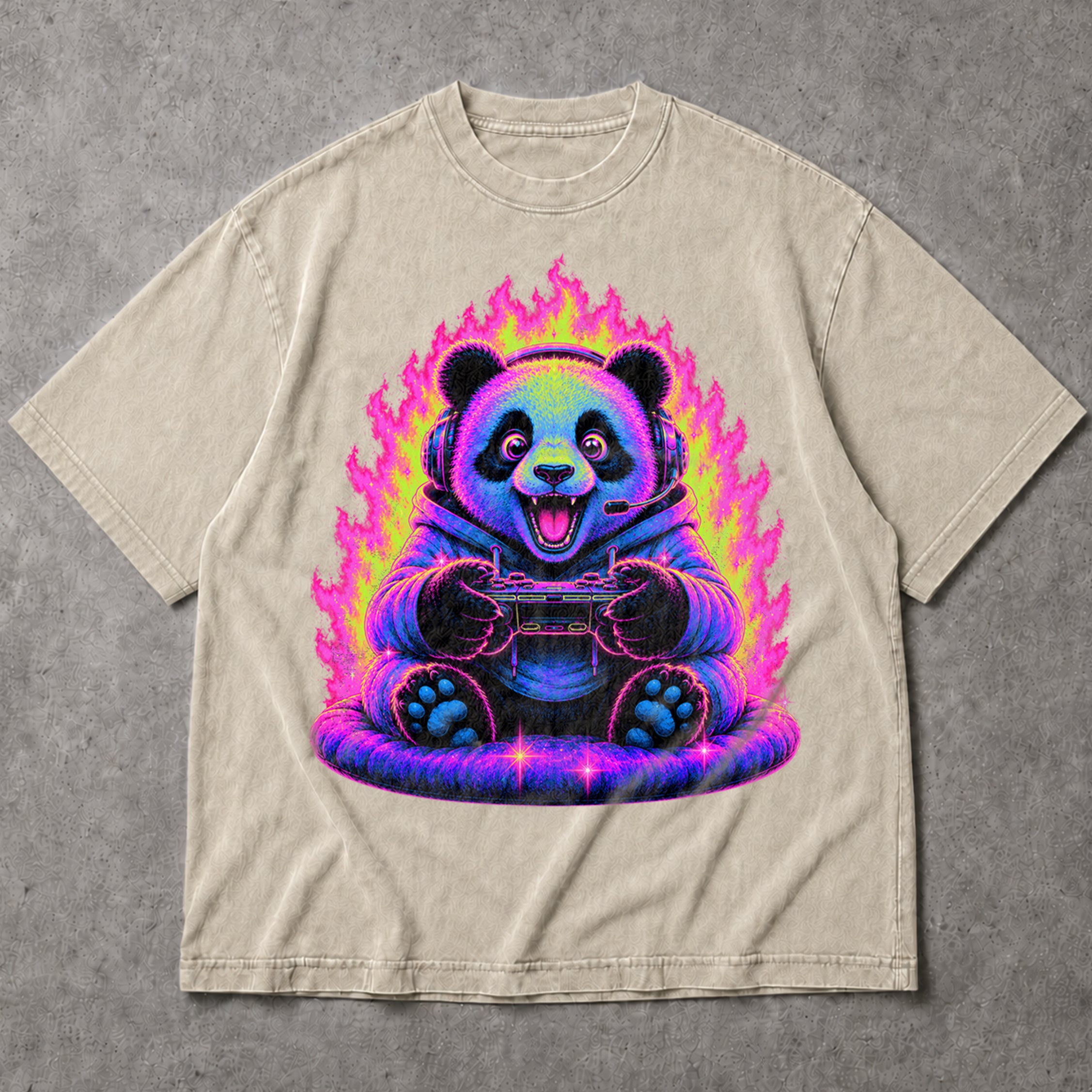 SF_COLOR=sand; SF_ITEM=adult-t-shirt; SF_ROLE=main; Synthwave Gamer Panda T-Shirt Cyberpunk Fire Video Game Controller Anime Apparel - Sand Adult T-Shirt product image