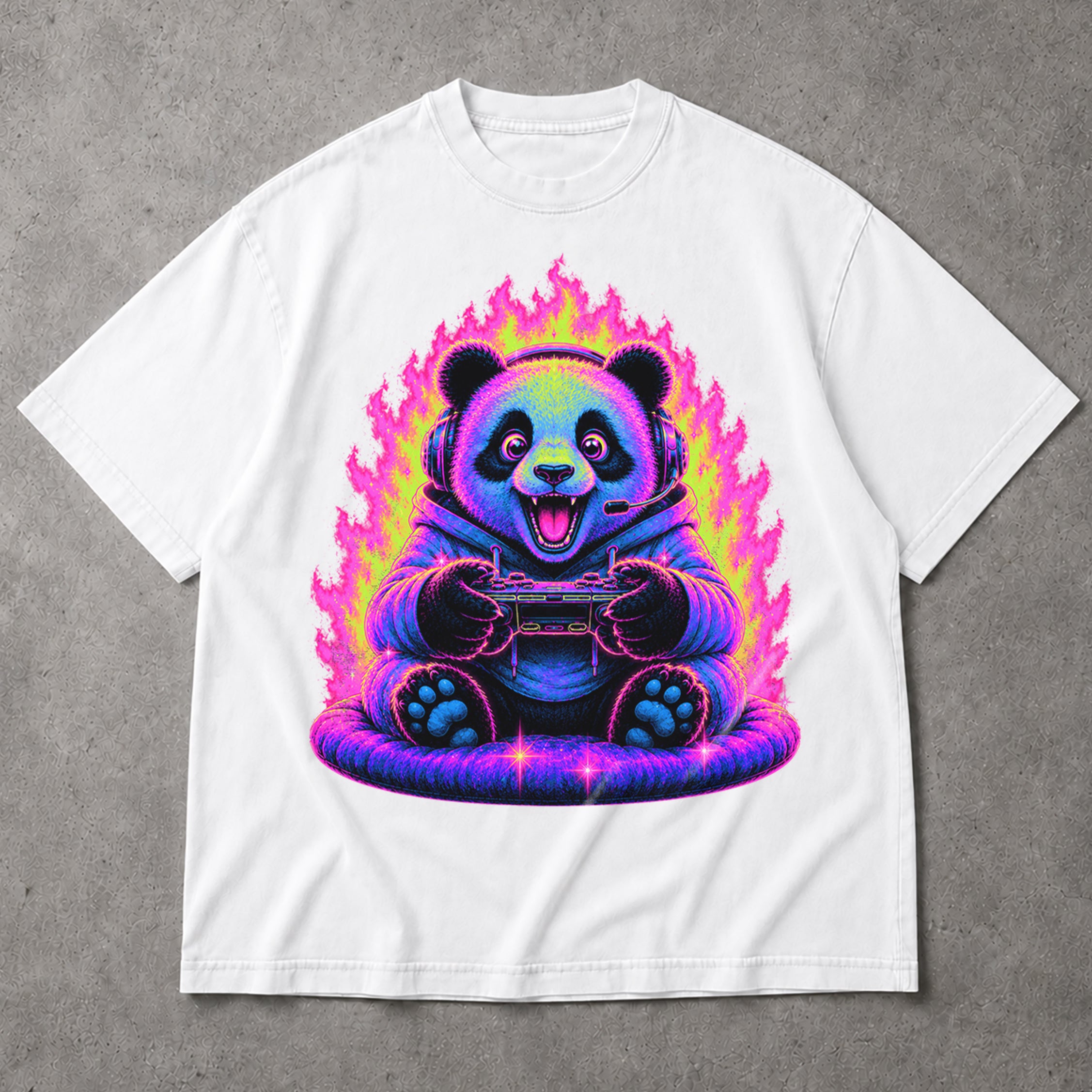 SF_COLOR=white; SF_ITEM=adult-t-shirt; SF_ROLE=main; Synthwave Gamer Panda T-Shirt Cyberpunk Fire Video Game Controller Anime Apparel - White Adult T-Shirt product image
