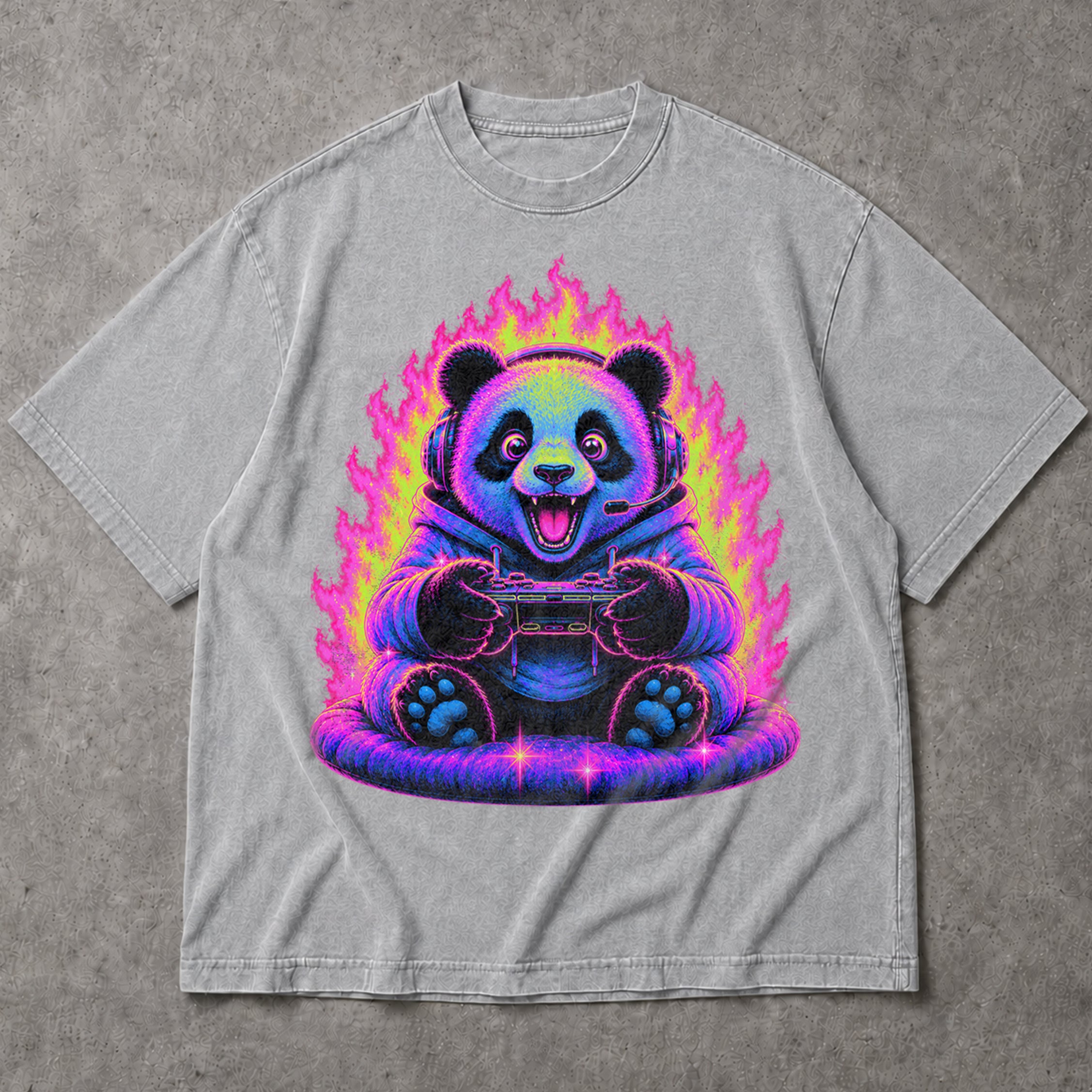 SF_COLOR=sport-grey; SF_ITEM=adult-t-shirt; SF_ROLE=main; Synthwave Gamer Panda T-Shirt Cyberpunk Fire Video Game Controller Anime Apparel - Sport Grey Adult T-Shirt product image