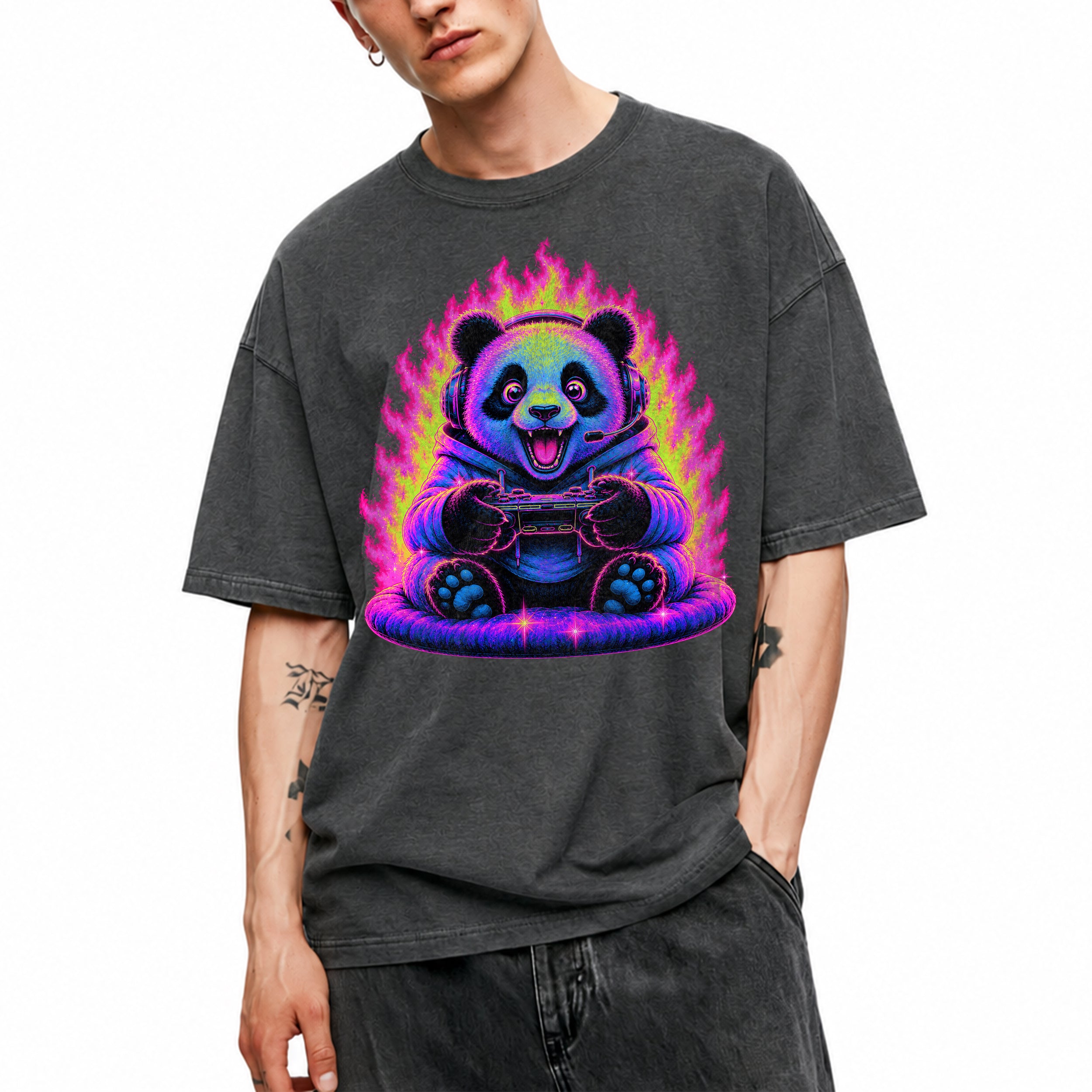 SF_COLOR=dark-heather; SF_ITEM=adult-t-shirt; SF_ROLE=gallery; Synthwave Gamer Panda T-Shirt Cyberpunk Fire Video Game Controller Anime Apparel - Dark Heather Adult T-Shirt product image