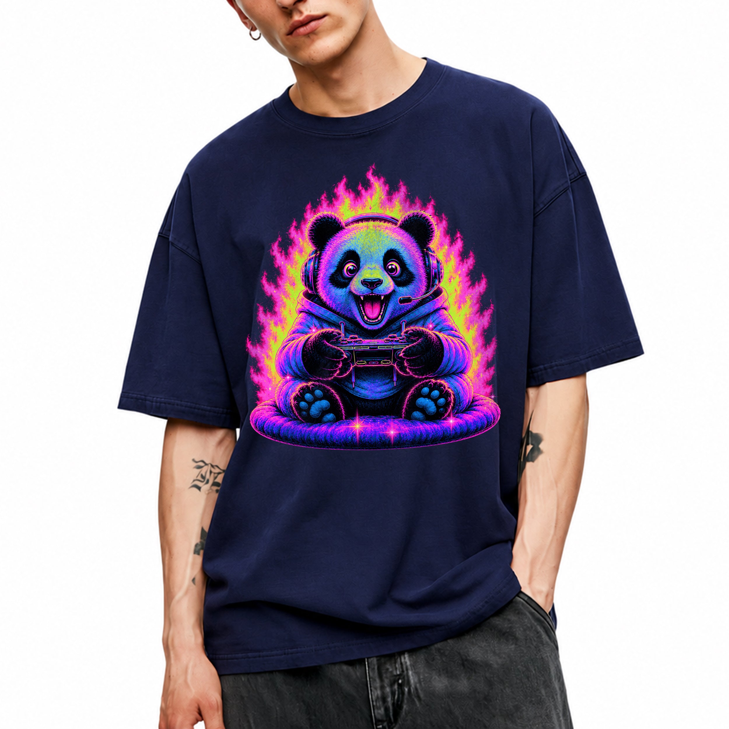SF_COLOR=navy; SF_ITEM=adult-t-shirt; SF_ROLE=gallery; Synthwave Gamer Panda T-Shirt Cyberpunk Fire Video Game Controller Anime Apparel - Navy Adult T-Shirt product image